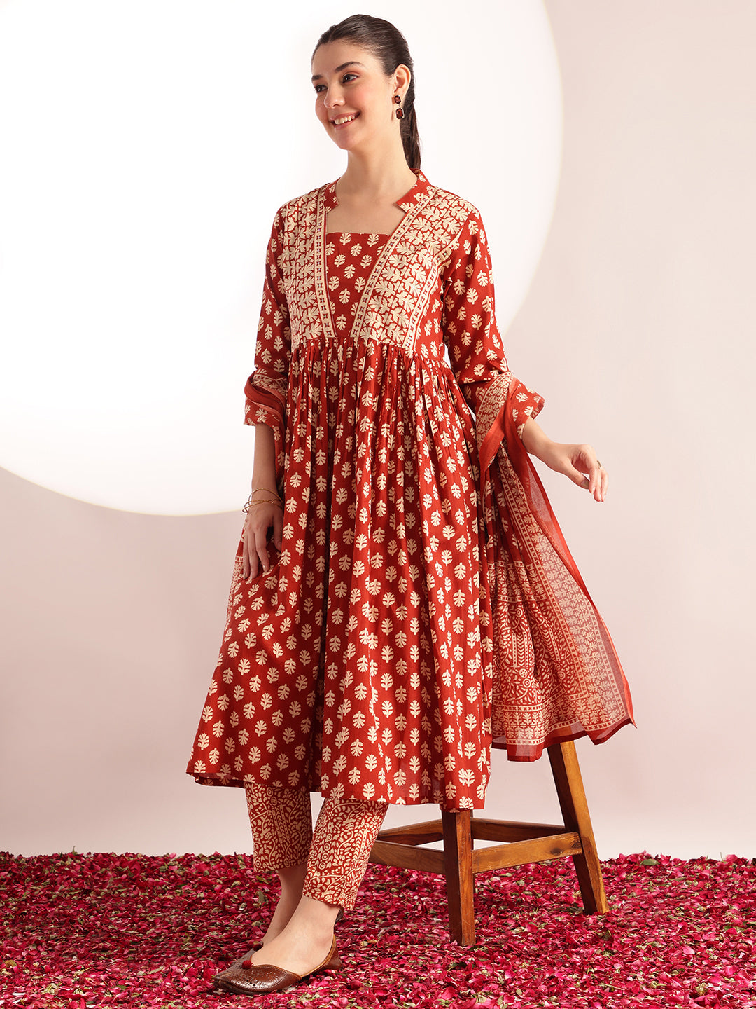 Rust Floral Printed A-Line Cotton Stitched Kurta, Pant With Dupatta