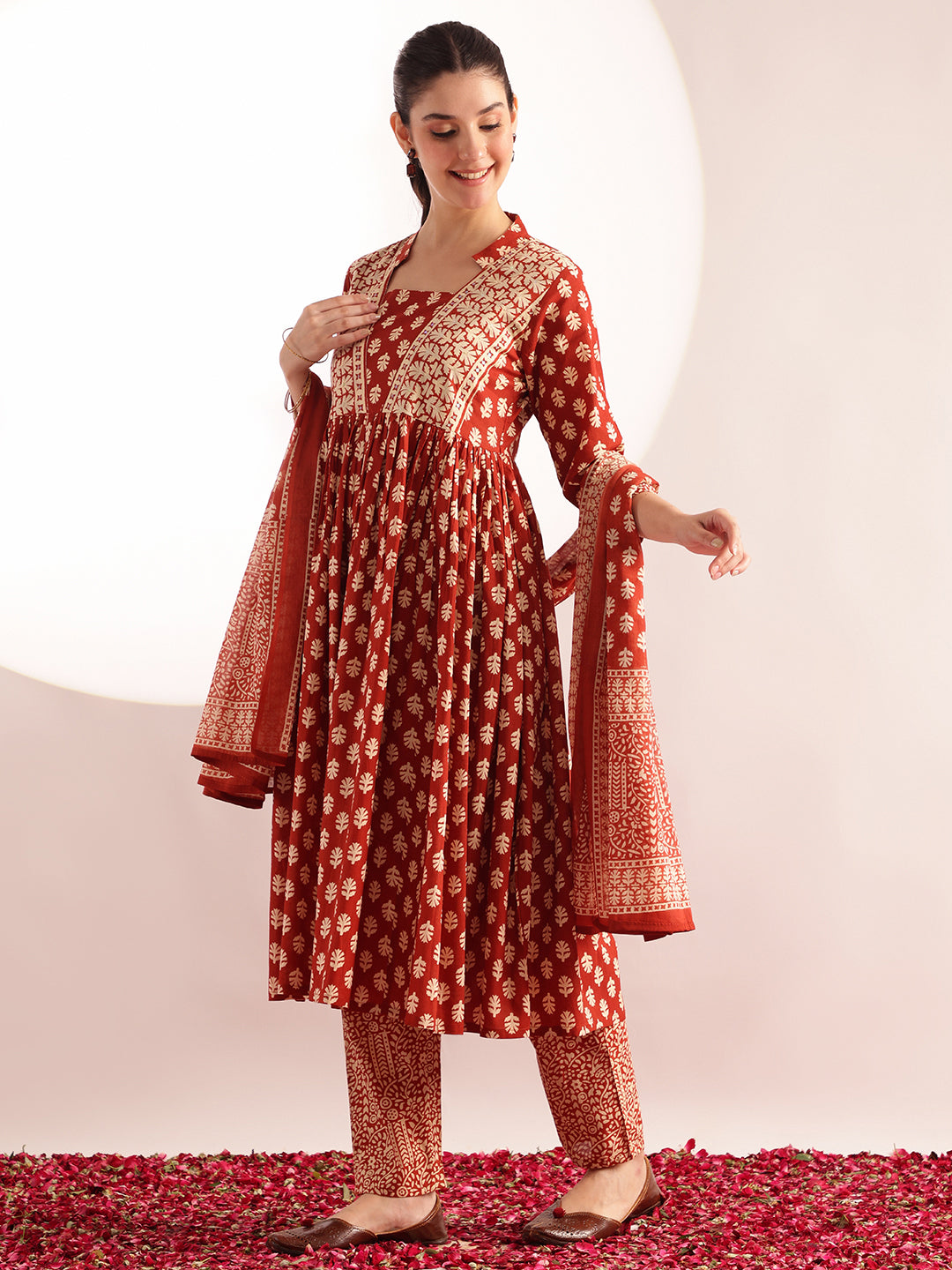 Rust Floral Printed A-Line Cotton Stitched Kurta, Pant With Dupatta