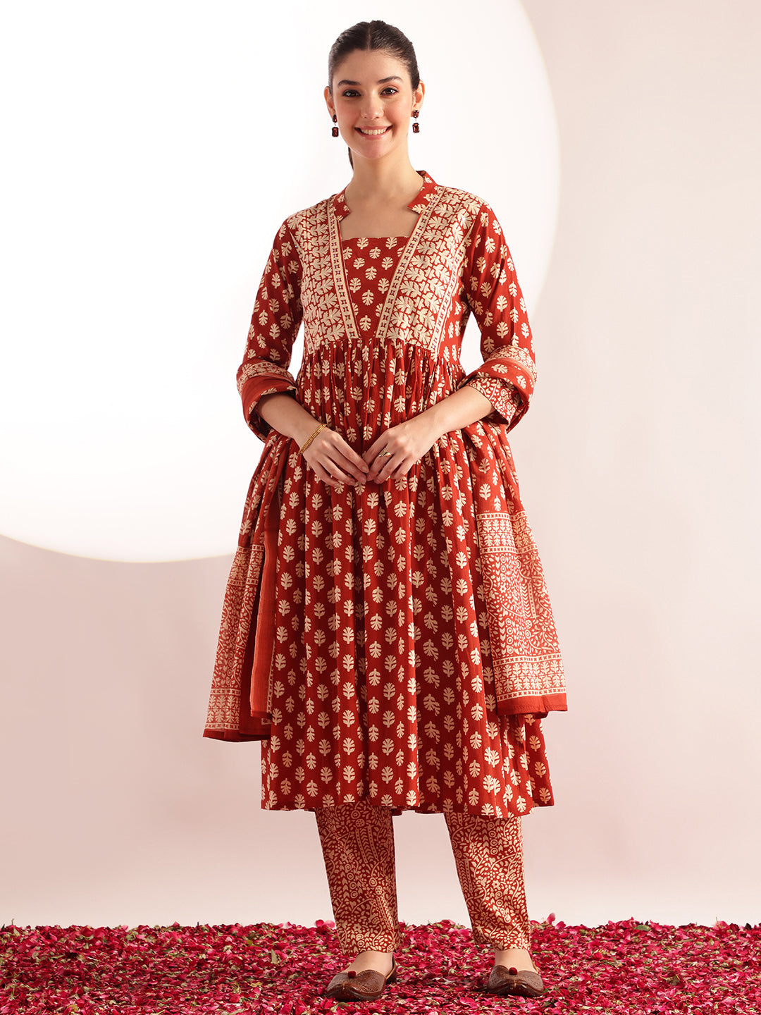 Rust Floral Printed A-Line Cotton Stitched Kurta, Pant With Dupatta