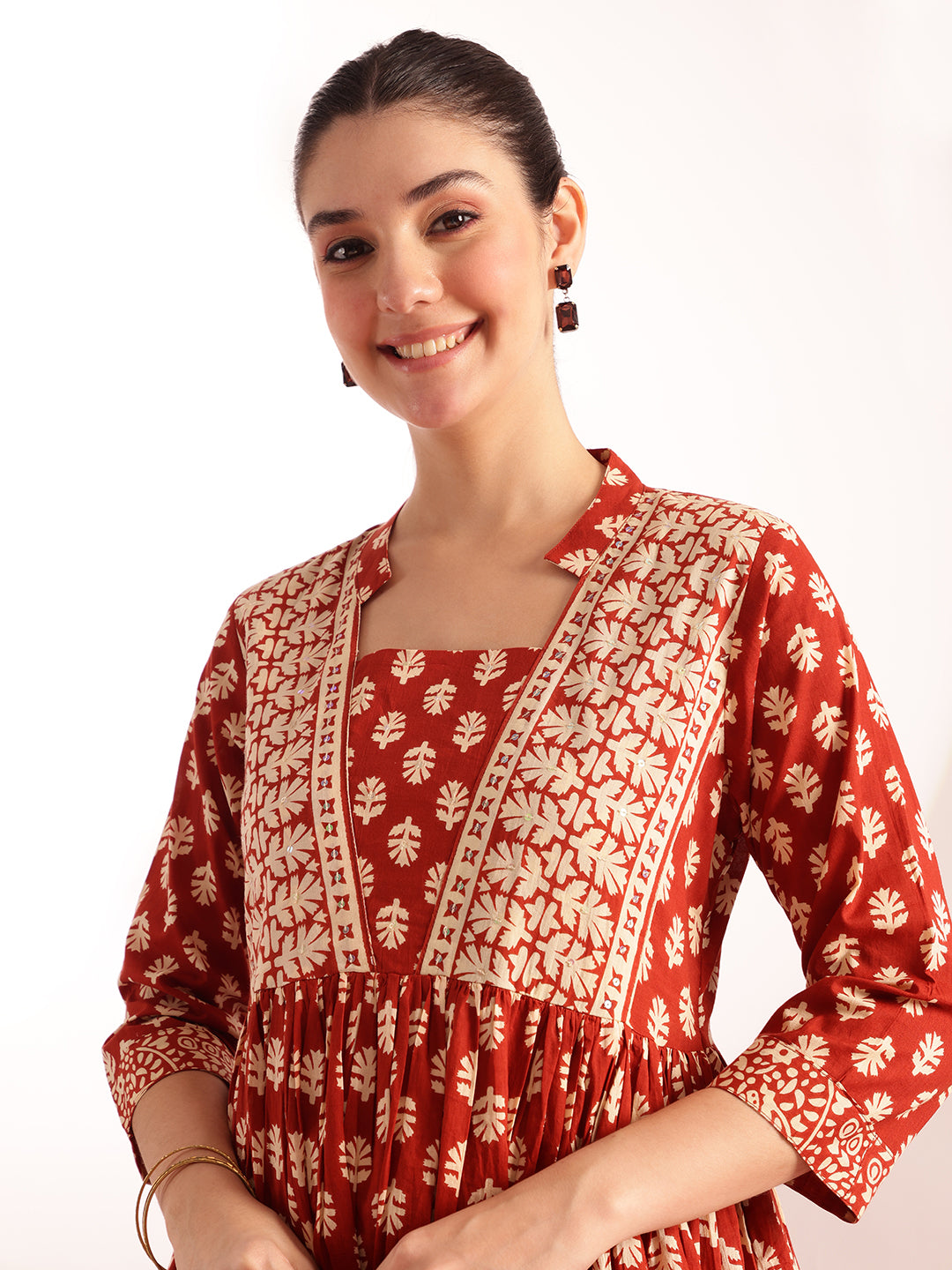 Rust Floral Printed A-Line Cotton Stitched Kurta, Pant With Dupatta