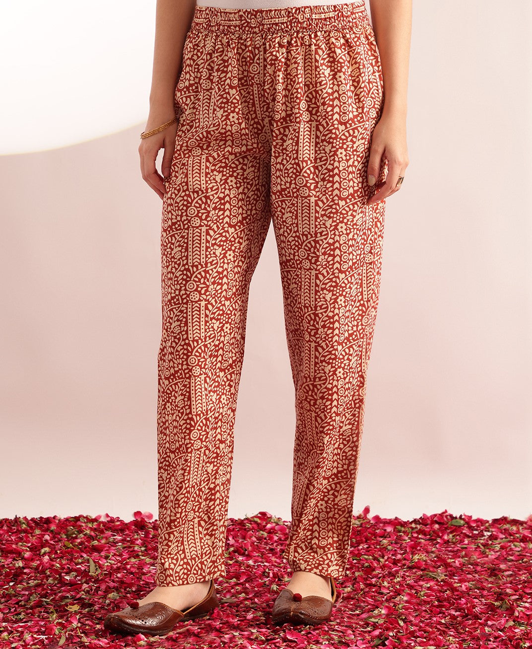Rust Floral Printed A-Line Cotton Stitched Kurta, Pant With Dupatta