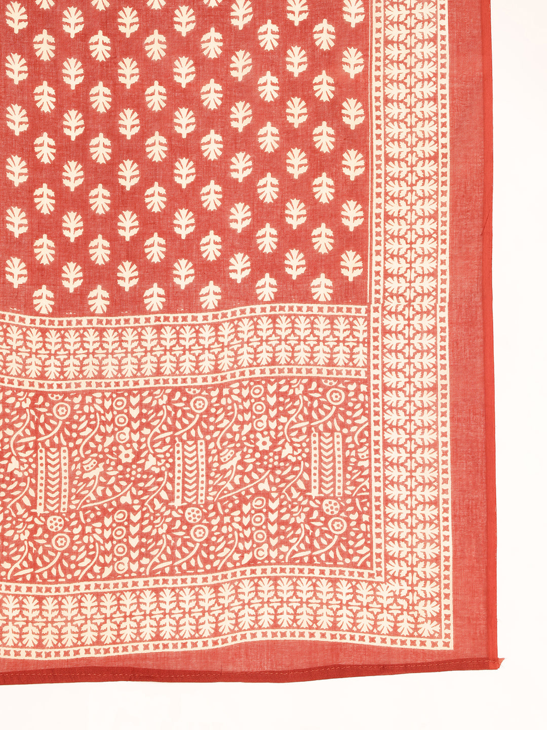 Rust Floral Printed A-Line Cotton Stitched Kurta, Pant With Dupatta
