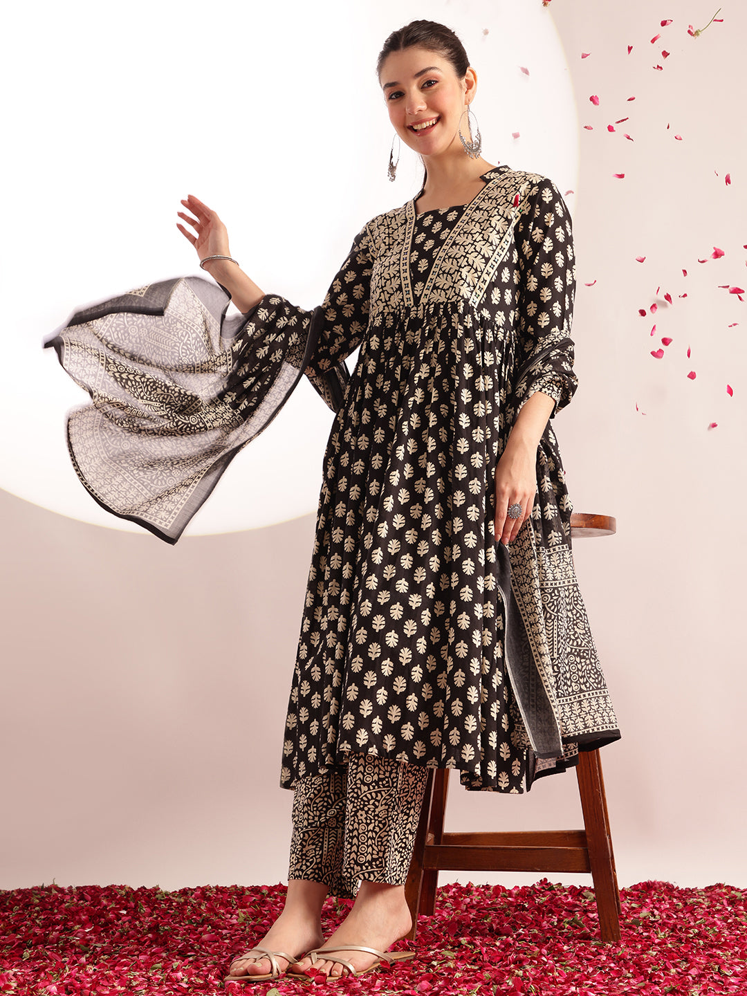 Black Floral Printed A-Line Cotton Stitched Kurta, Pant With Dupatta