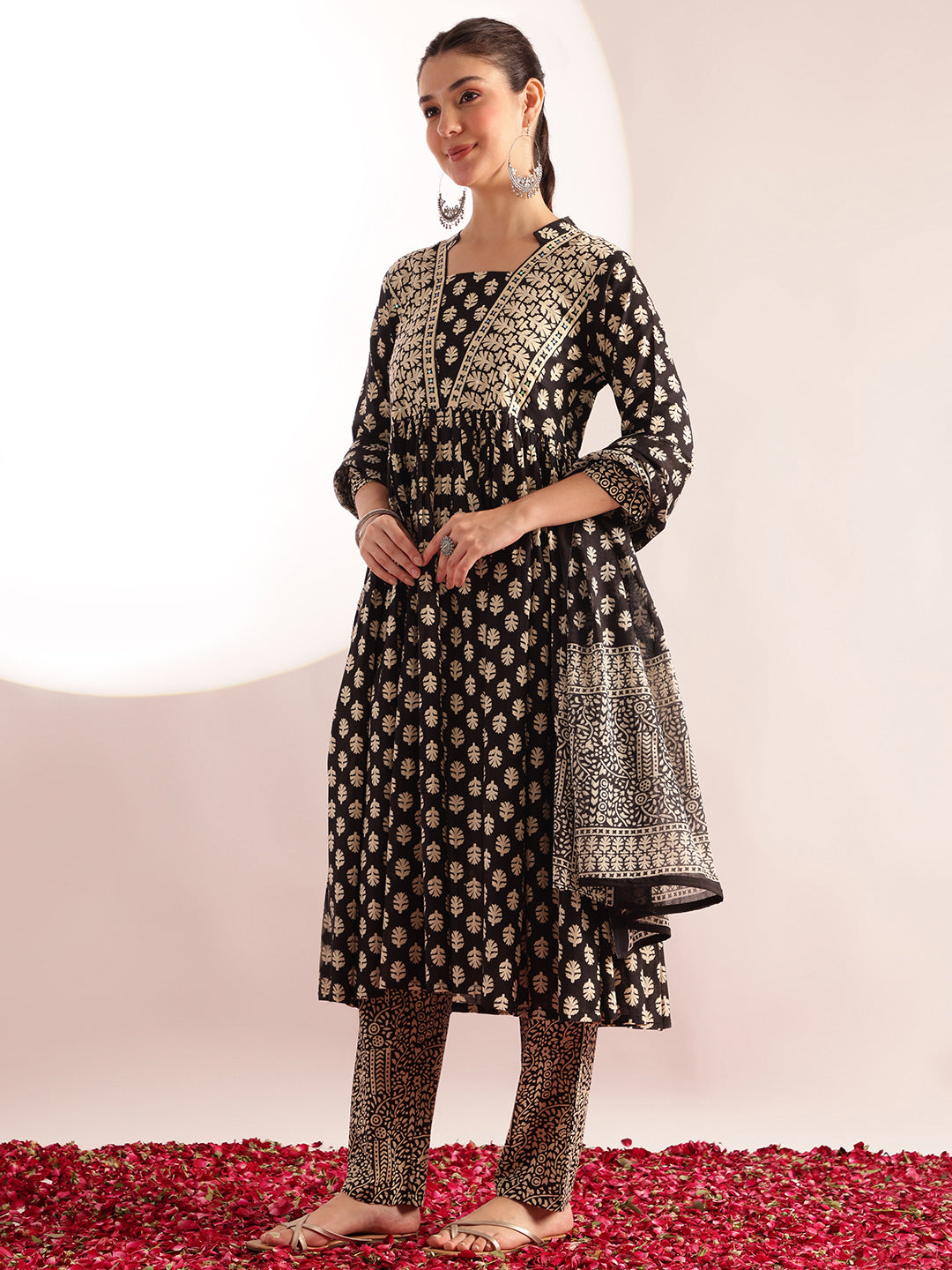 Black Floral Printed A-Line Cotton Stitched Kurta, Pant With Dupatta