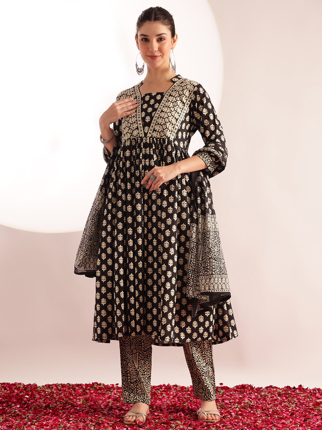 Black Floral Printed A-Line Cotton Stitched Kurta, Pant With Dupatta