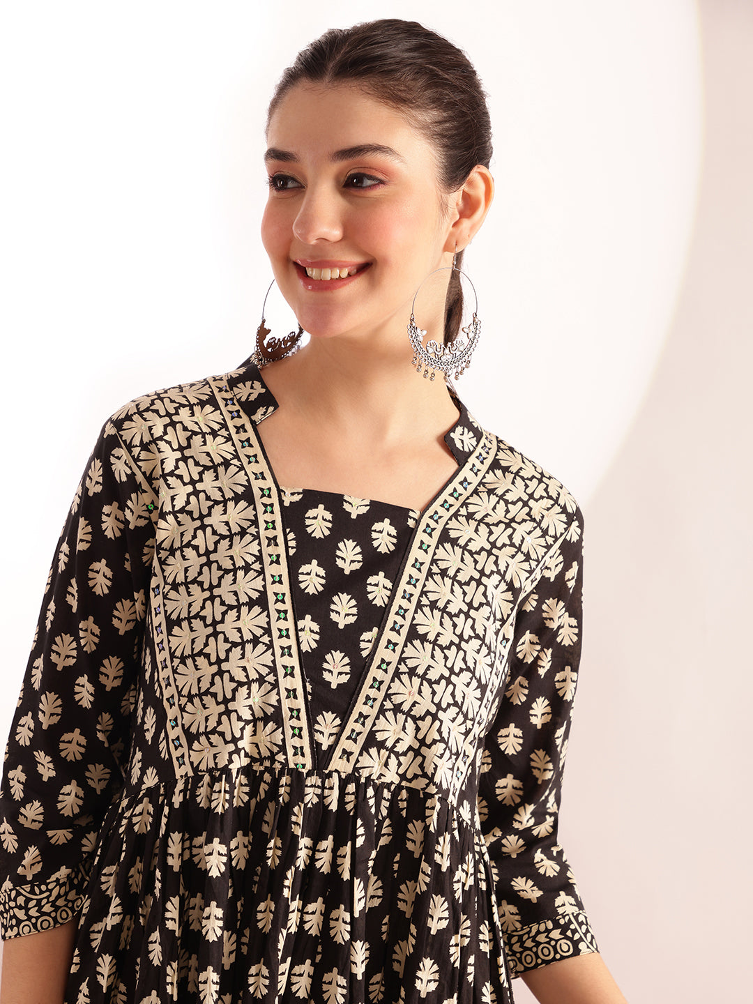 Black Floral Printed A-Line Cotton Stitched Kurta, Pant With Dupatta