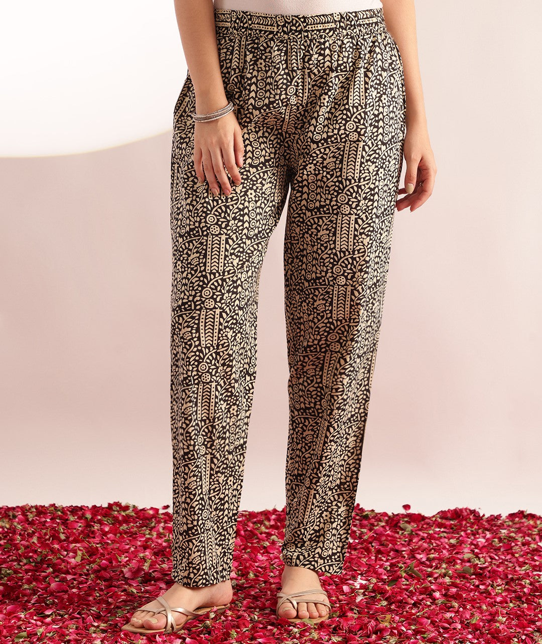 Black Floral Printed A-Line Cotton Stitched Kurta, Pant With Dupatta