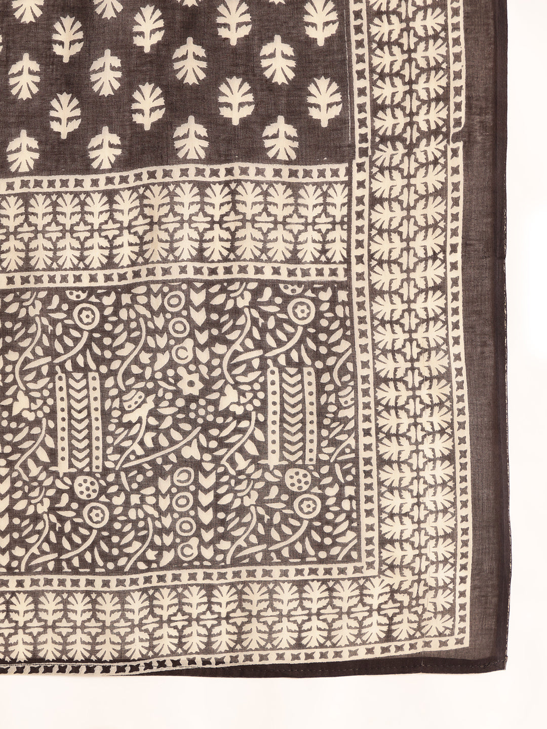 Black Floral Printed A-Line Cotton Stitched Kurta, Pant With Dupatta