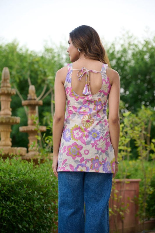 Lavender Floral Printed Straight Cotton Stitched Top