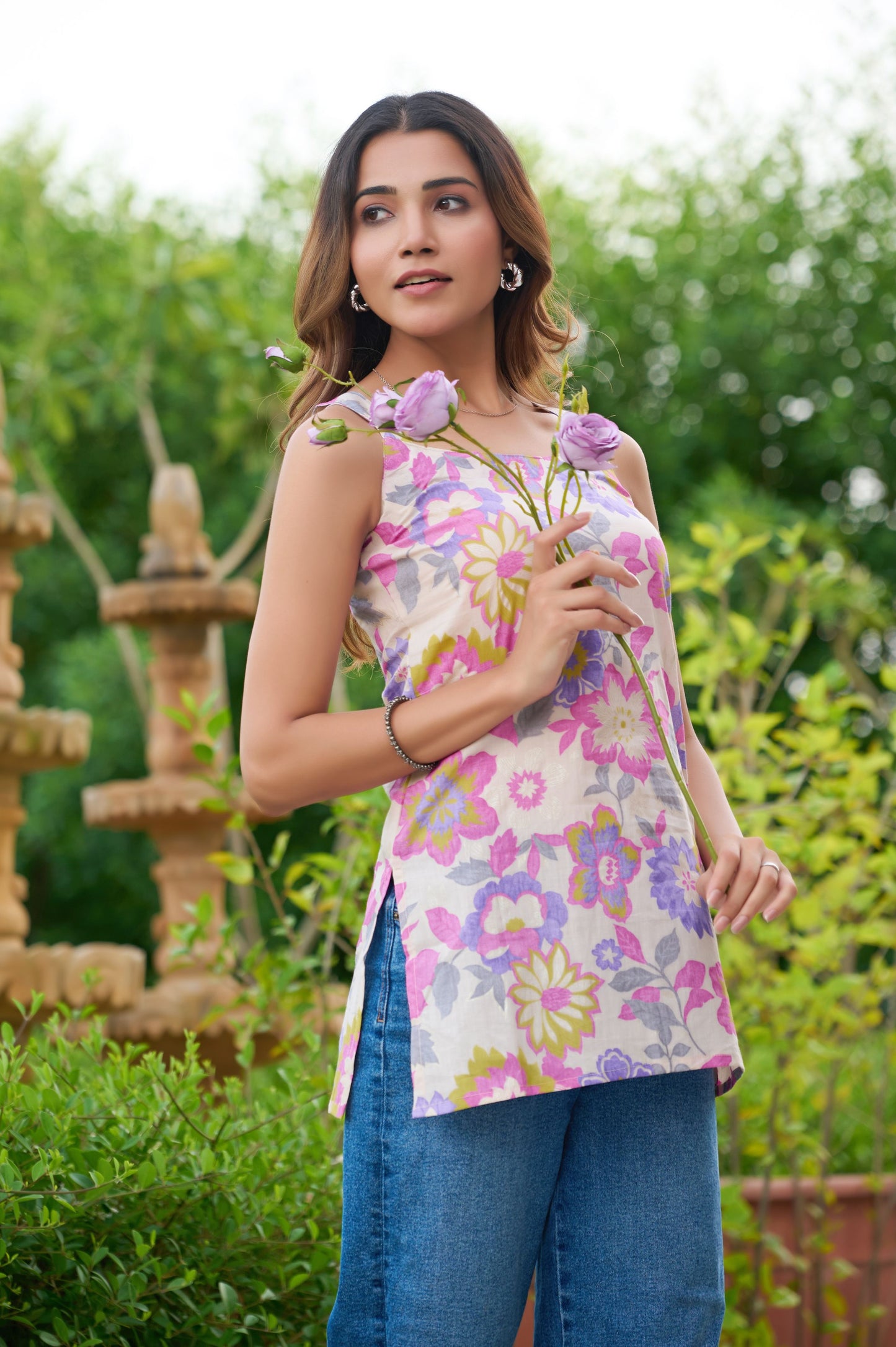 Lavender Floral Printed Straight Cotton Stitched Top