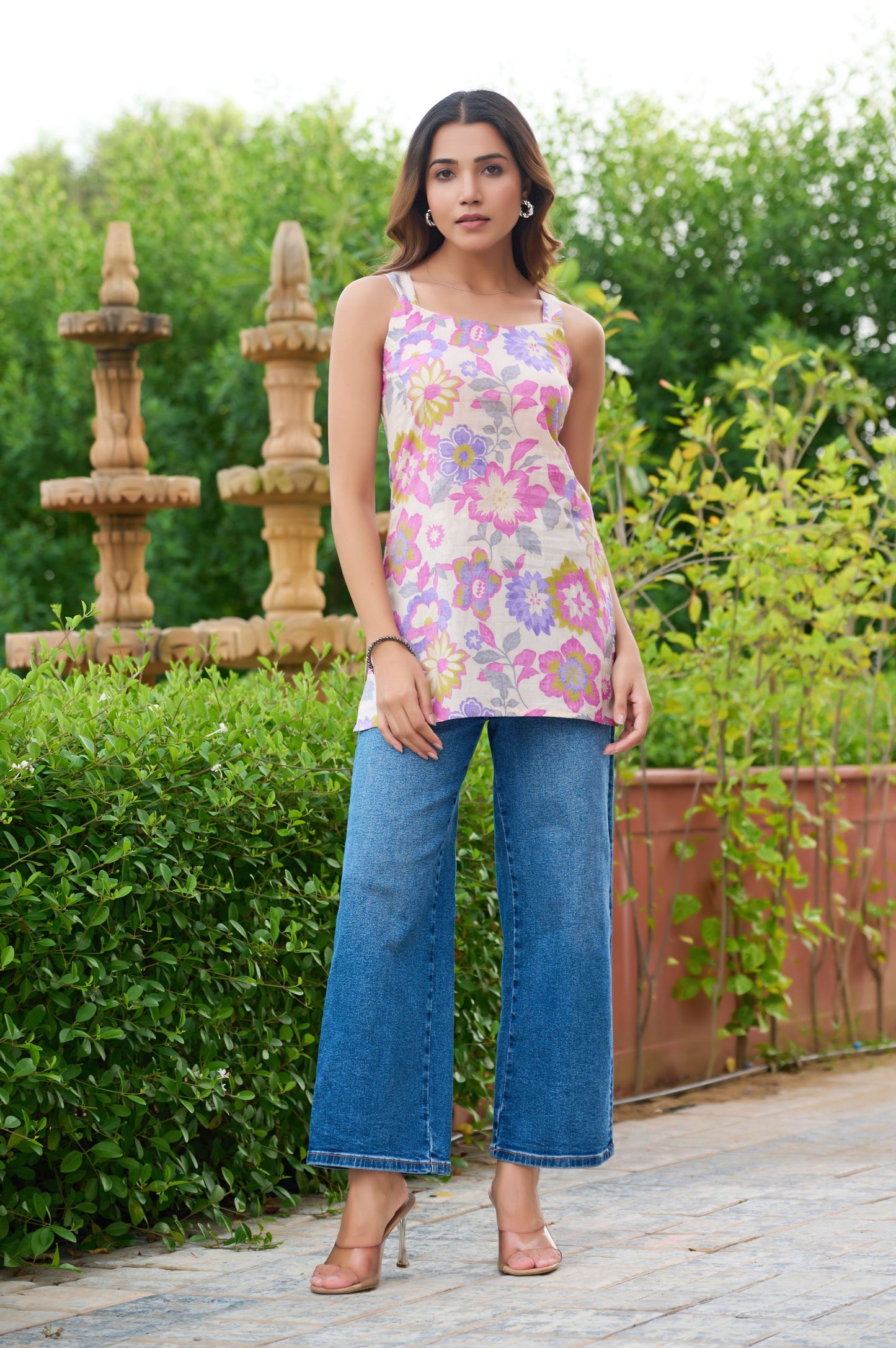 Lavender Floral Printed Straight Cotton Stitched Top