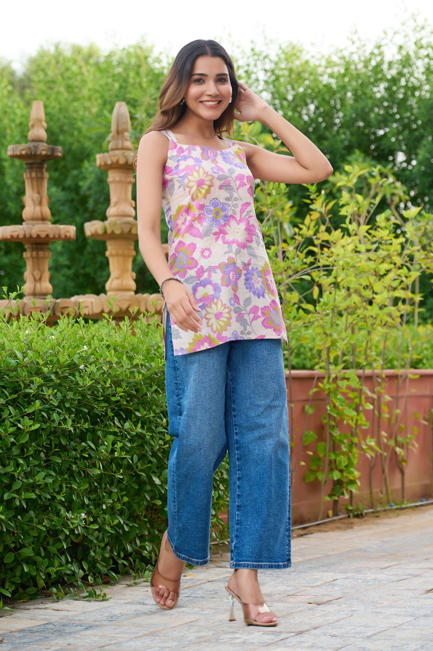Lavender Floral Printed Straight Cotton Stitched Top