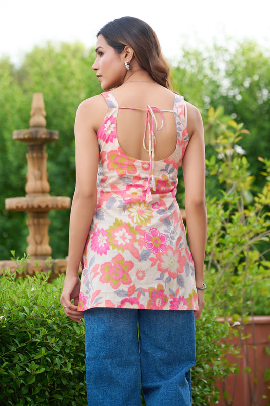 Pink Floral Printed Straight Cotton Stitched Top