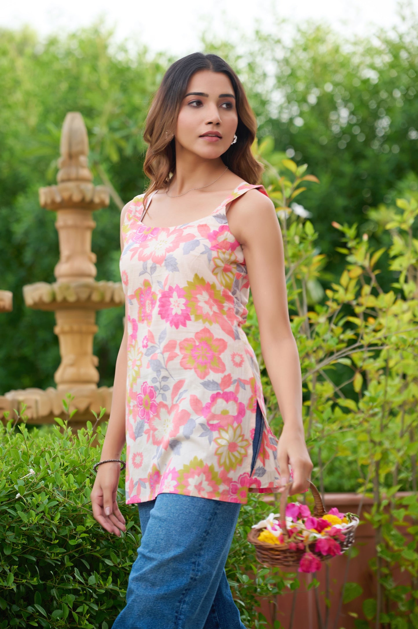 Pink Floral Printed Straight Cotton Stitched Top