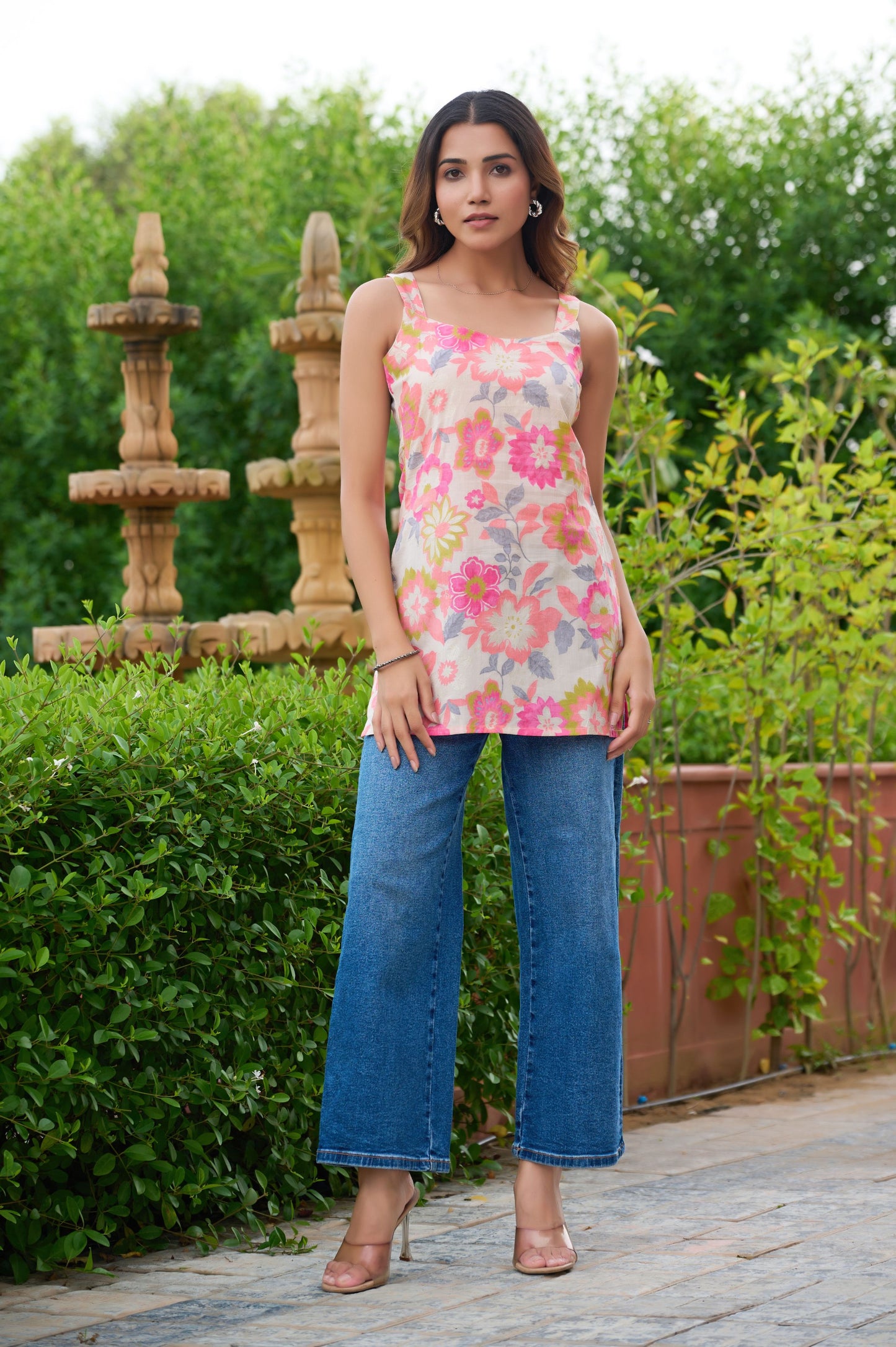 Pink Floral Printed Straight Cotton Stitched Top