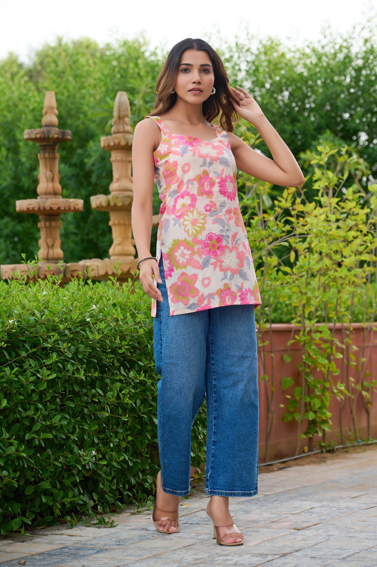 Pink Floral Printed Straight Cotton Stitched Top