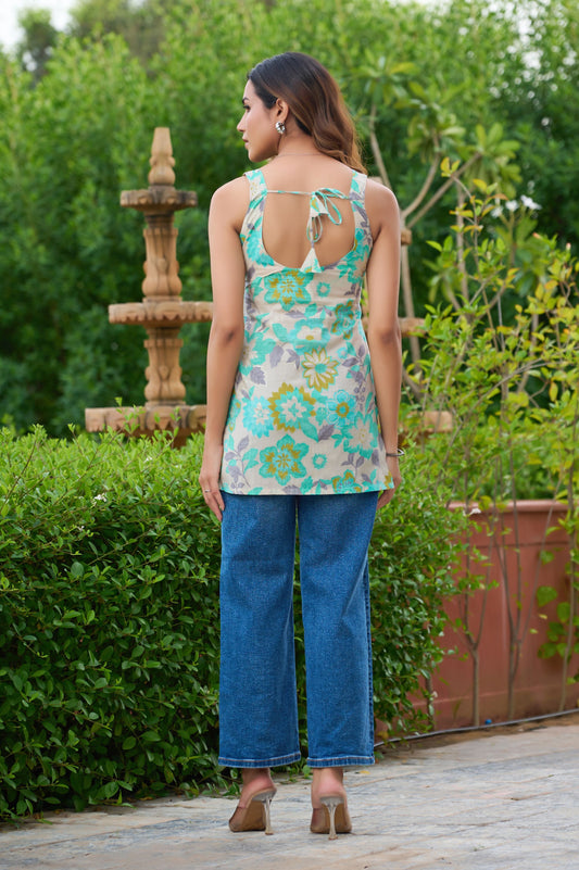 Turquoise Floral Printed Straight Cotton Stitched Top