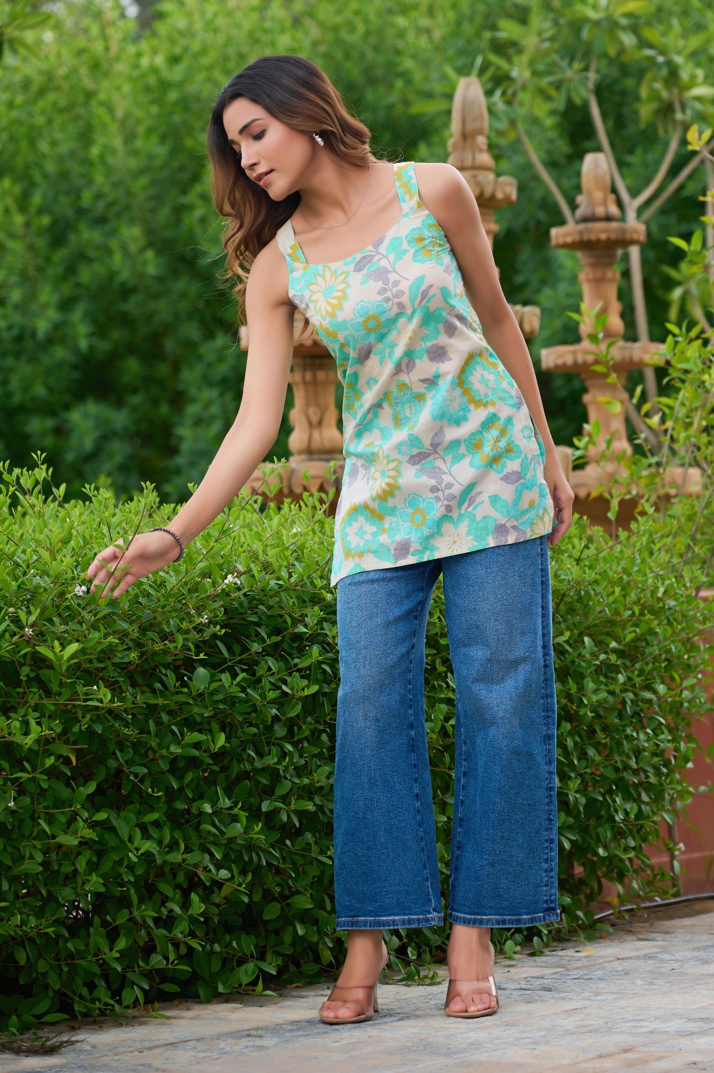 Turquoise Floral Printed Straight Cotton Stitched Top