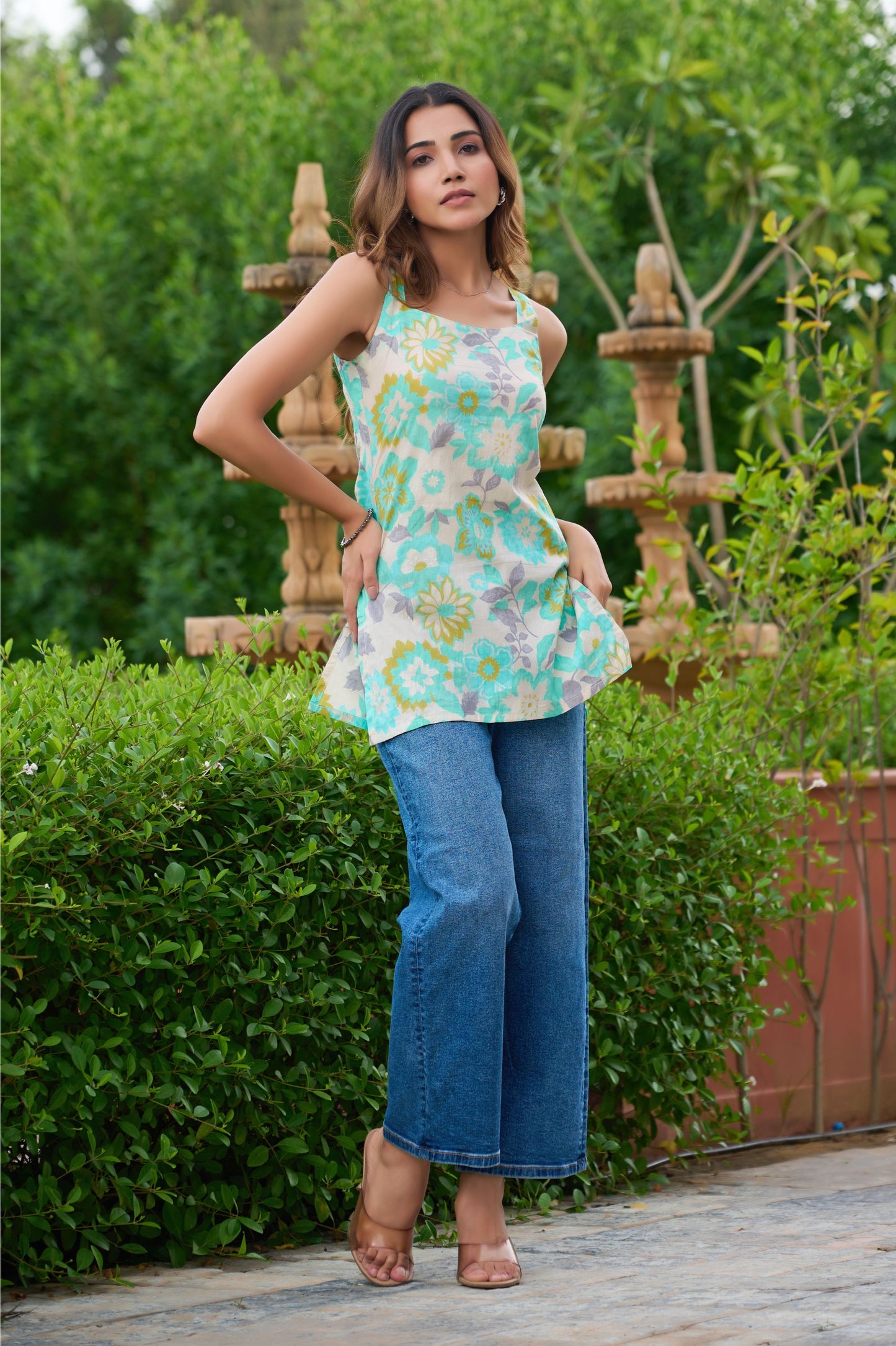 Turquoise Floral Printed Straight Cotton Stitched Top