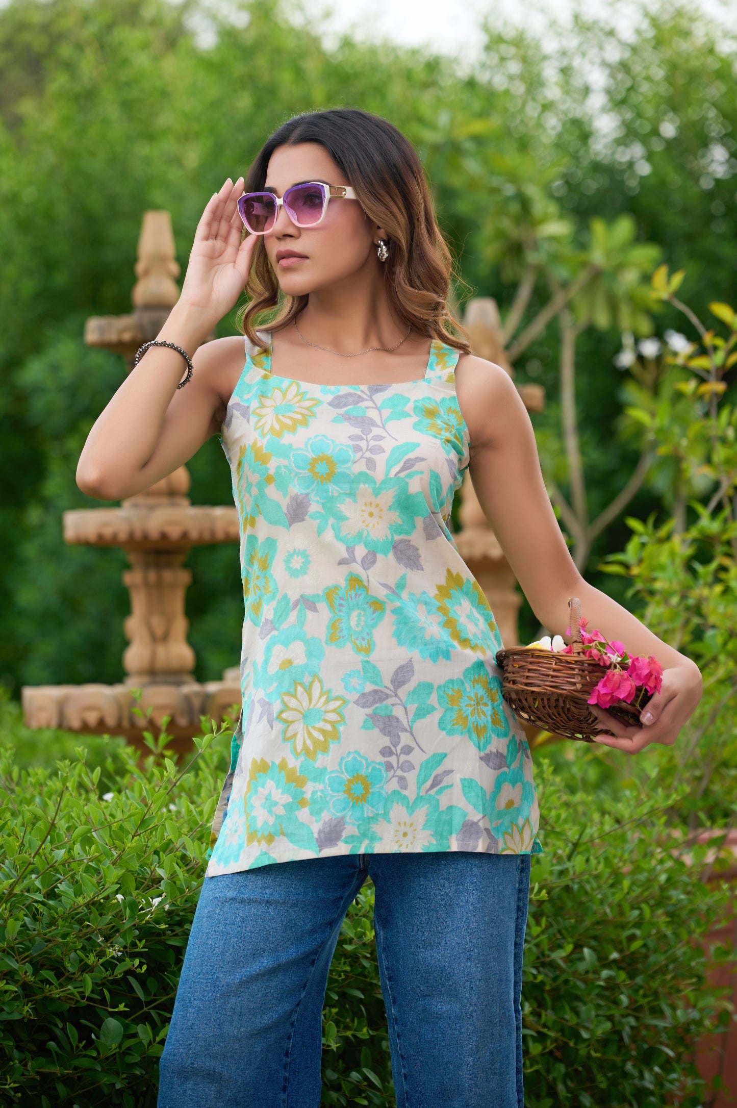 Turquoise Floral Printed Straight Cotton Stitched Top