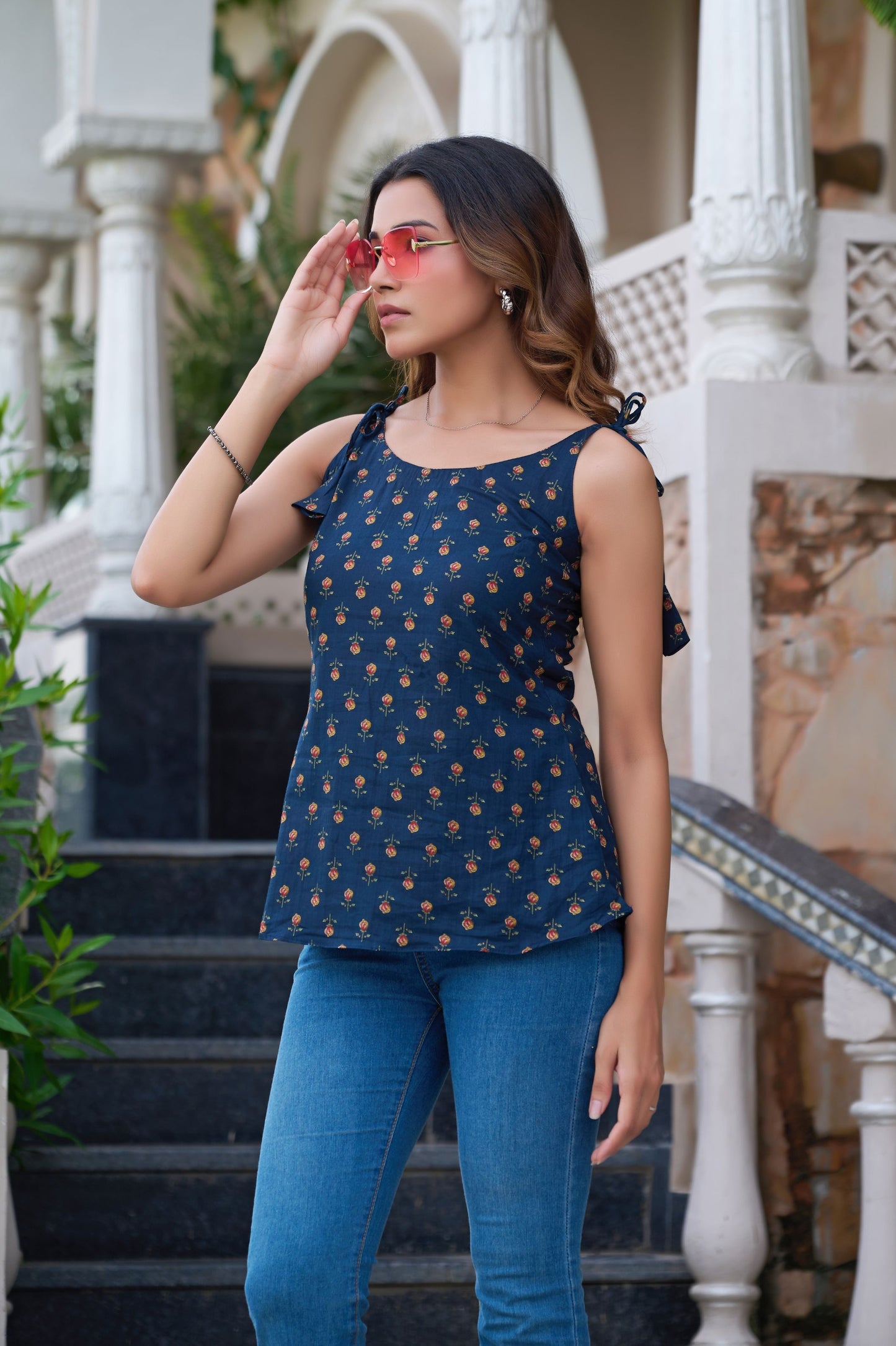 Blue Floral Printed Straight Cotton Stitched Top