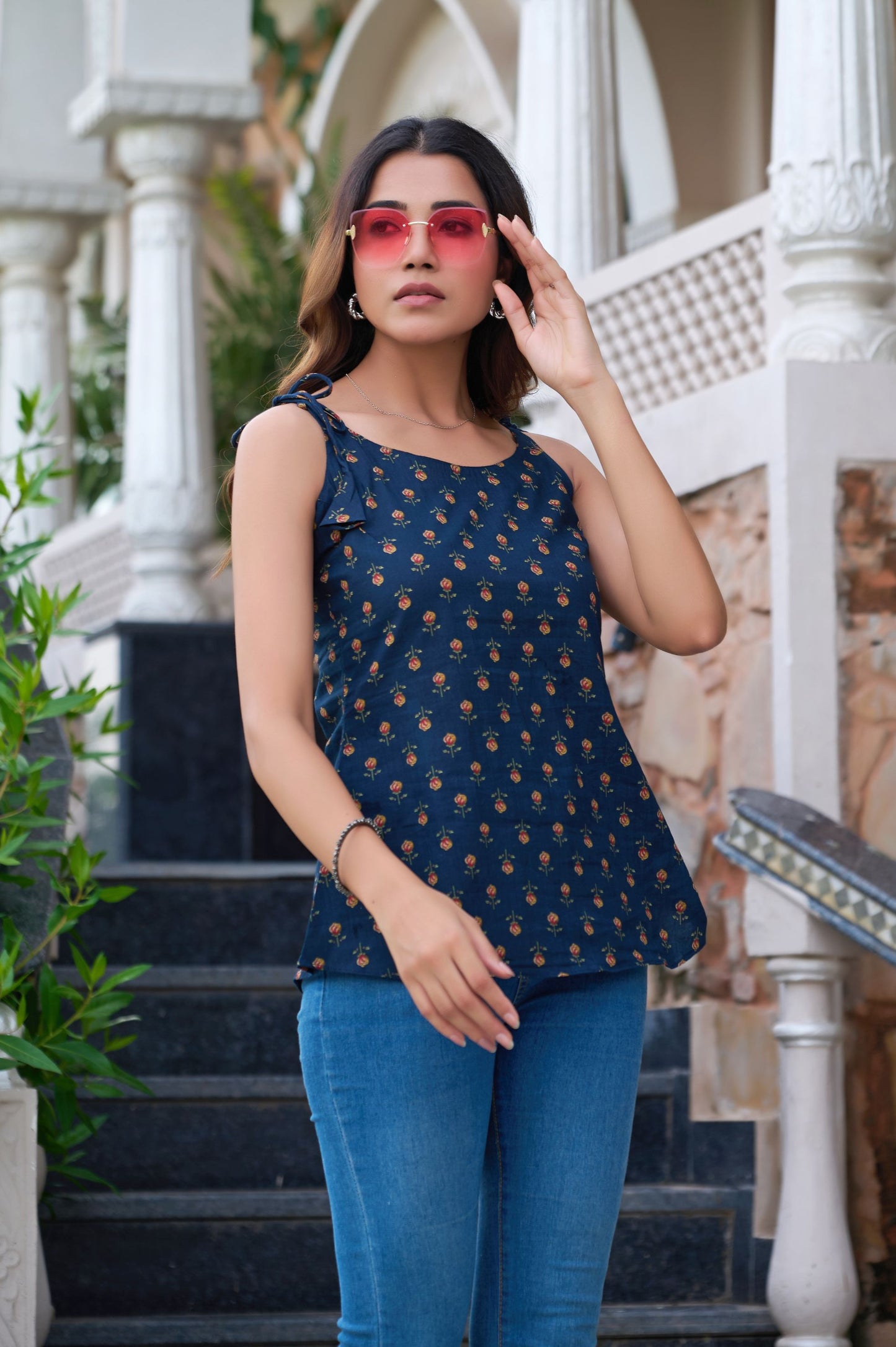 Blue Floral Printed Straight Cotton Stitched Top