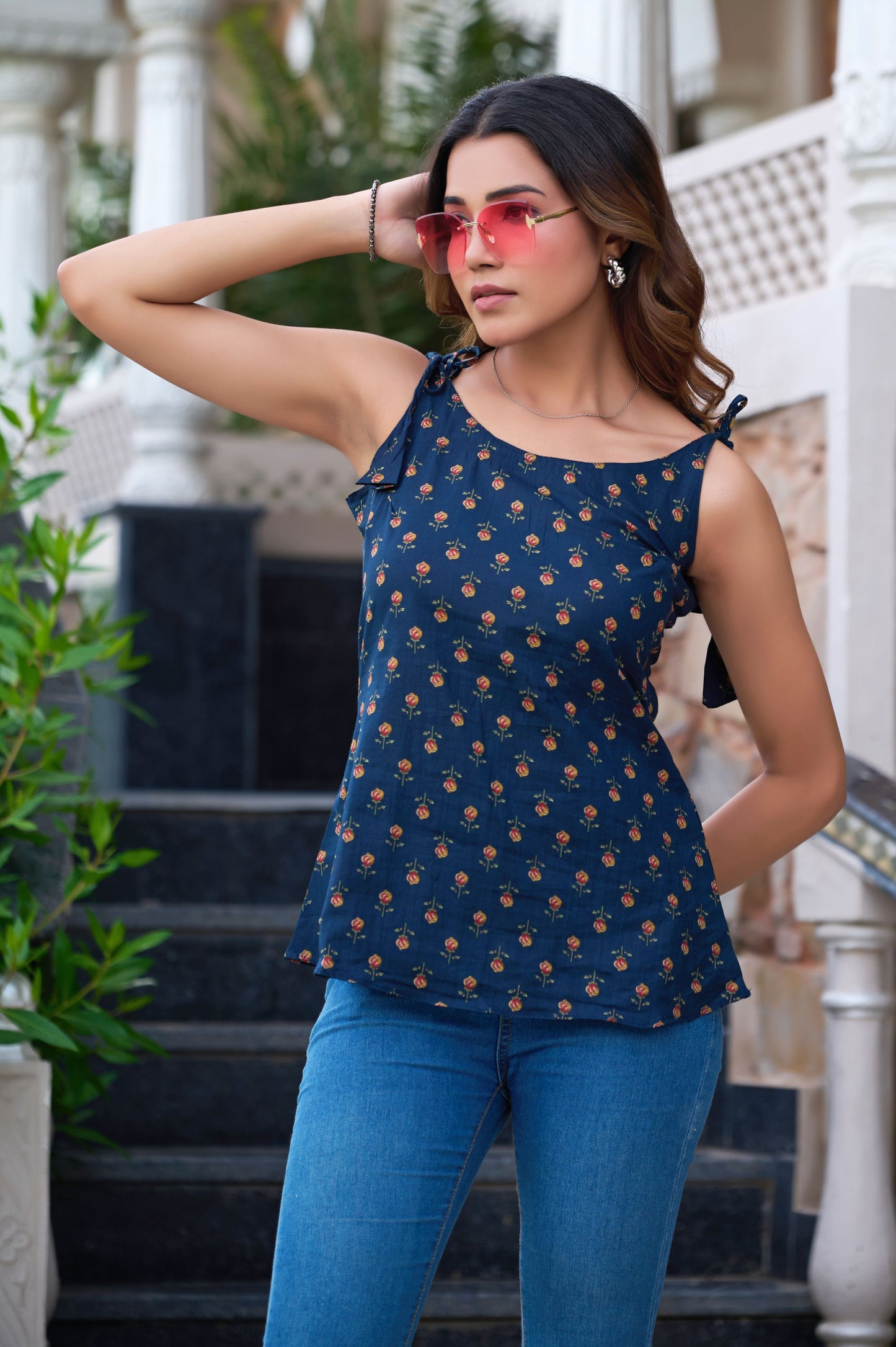 Blue Floral Printed Straight Cotton Stitched Top