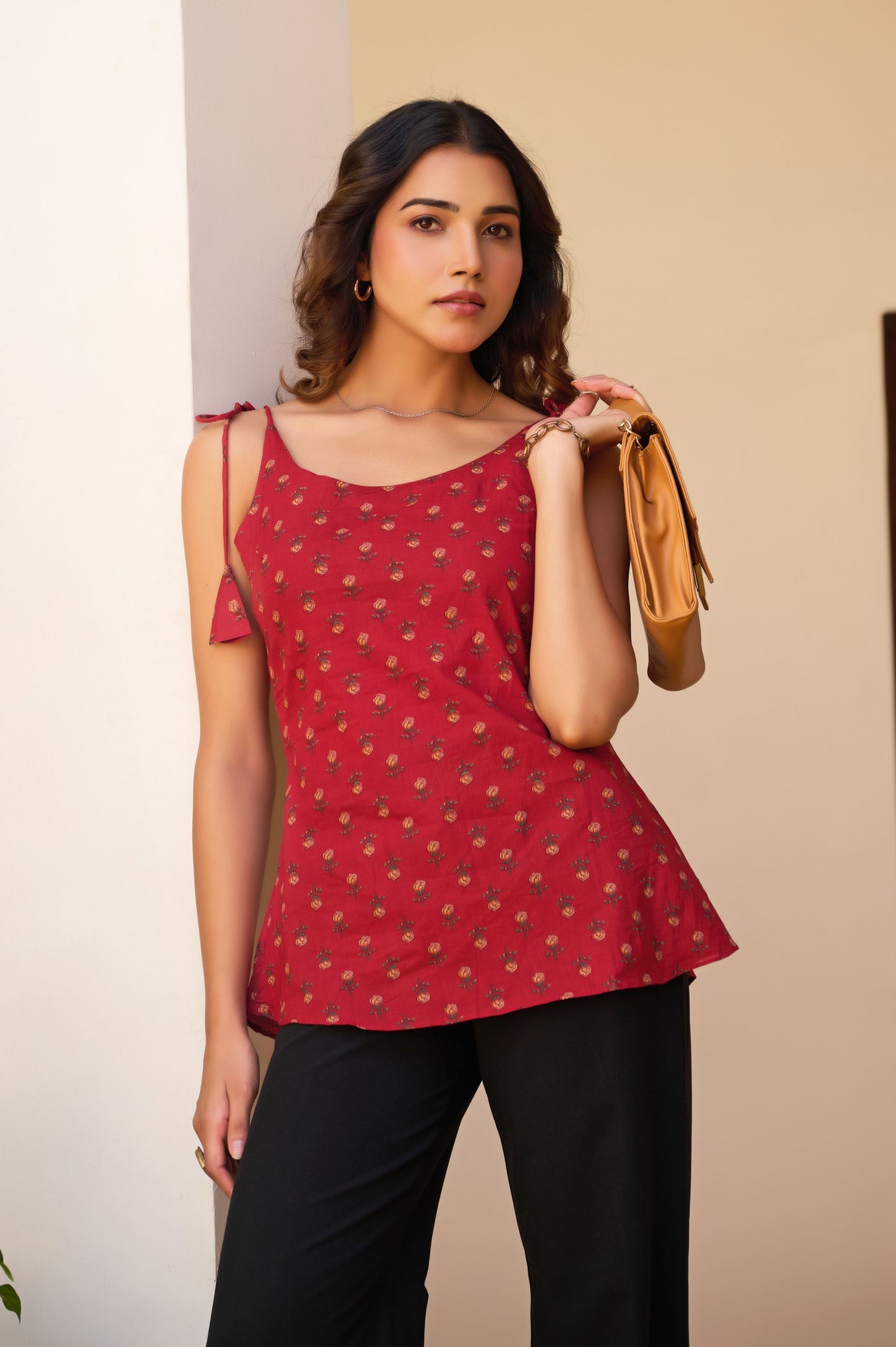 Maroon Floral Printed Straight Cotton Stitched Top