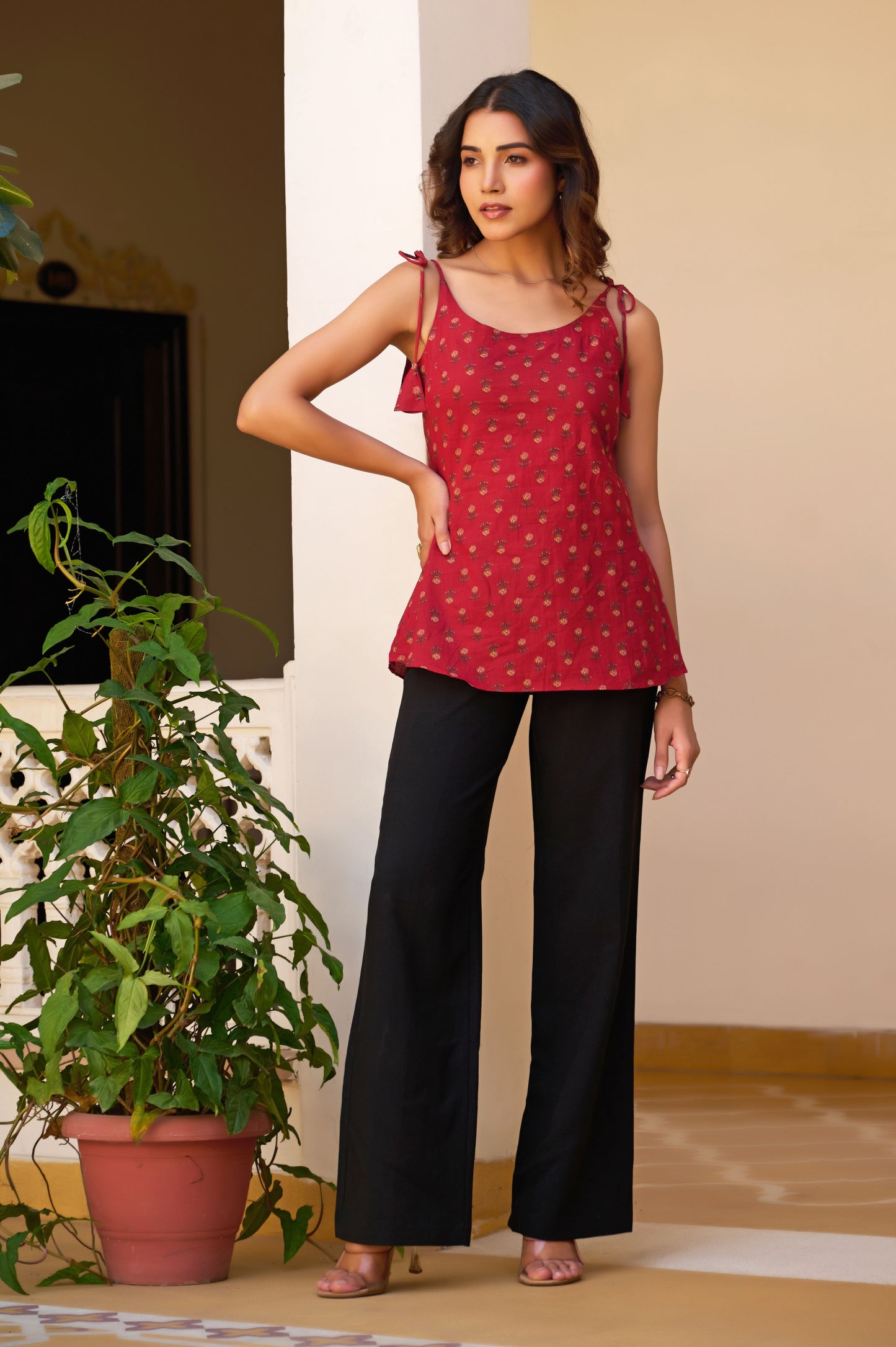 Maroon Floral Printed Straight Cotton Stitched Top