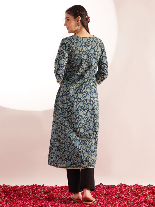 Aqua Blue Floral Printed A-Line Cotton Kurta