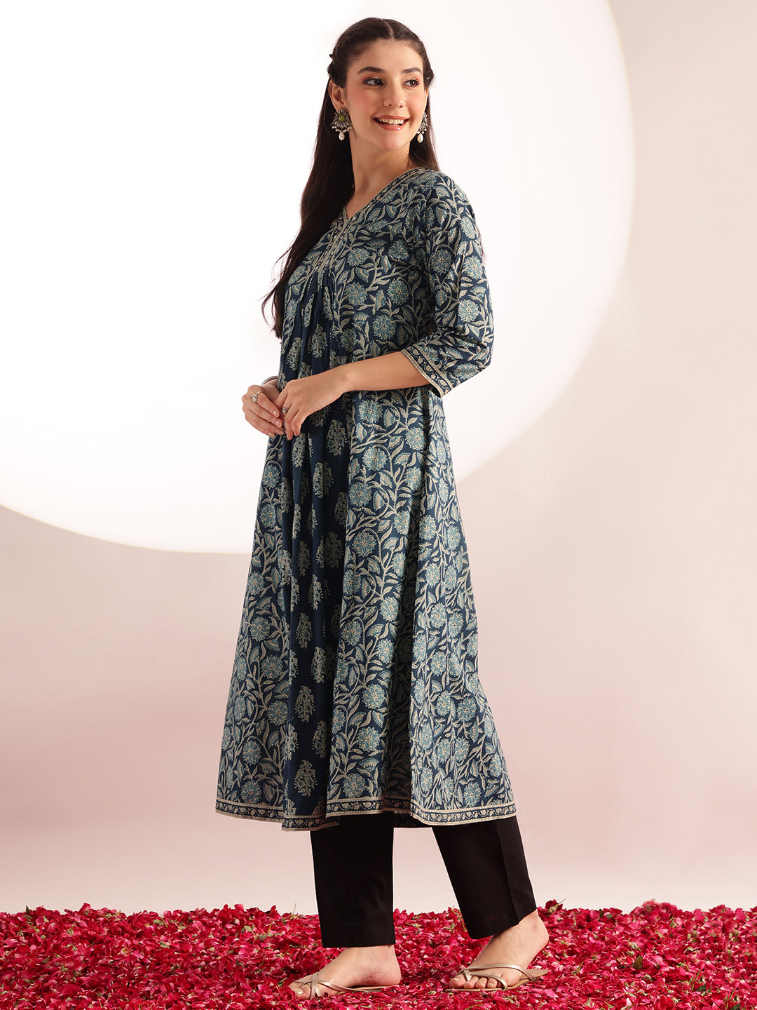 Aqua Blue Floral Printed A-Line Cotton Kurta