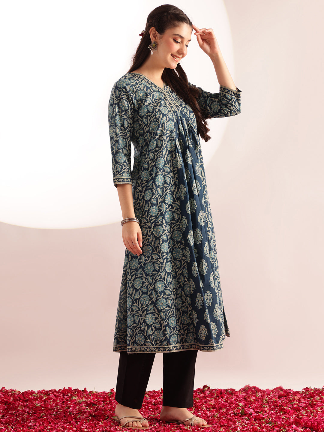 Aqua Blue Floral Printed A-Line Cotton Kurta