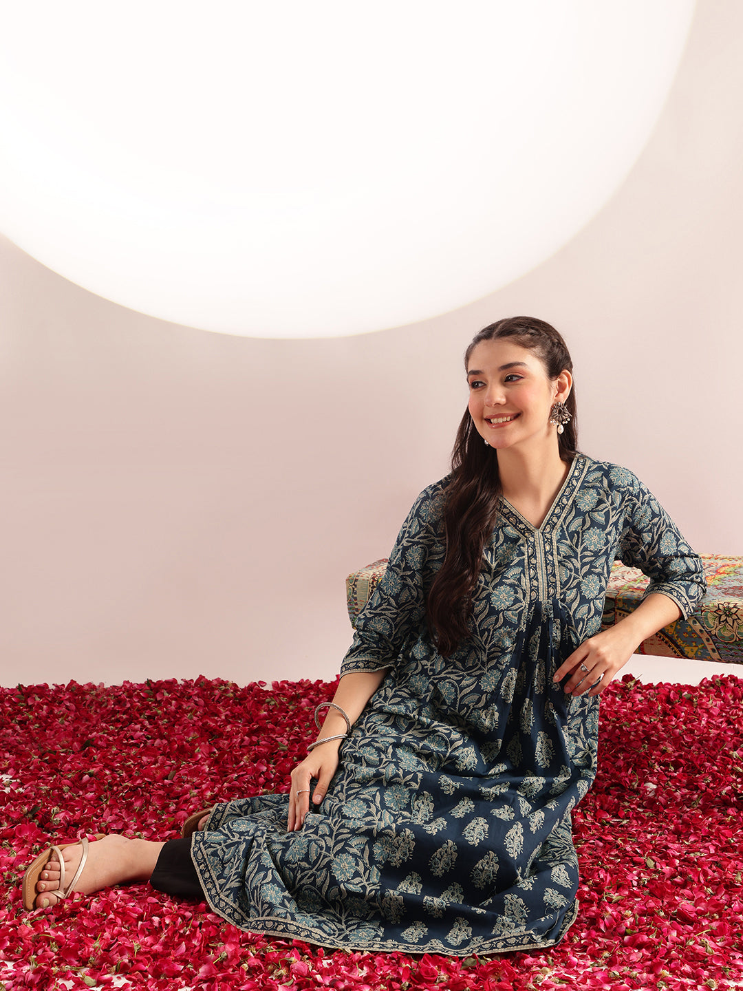 Aqua Blue Floral Printed A-Line Cotton Kurta