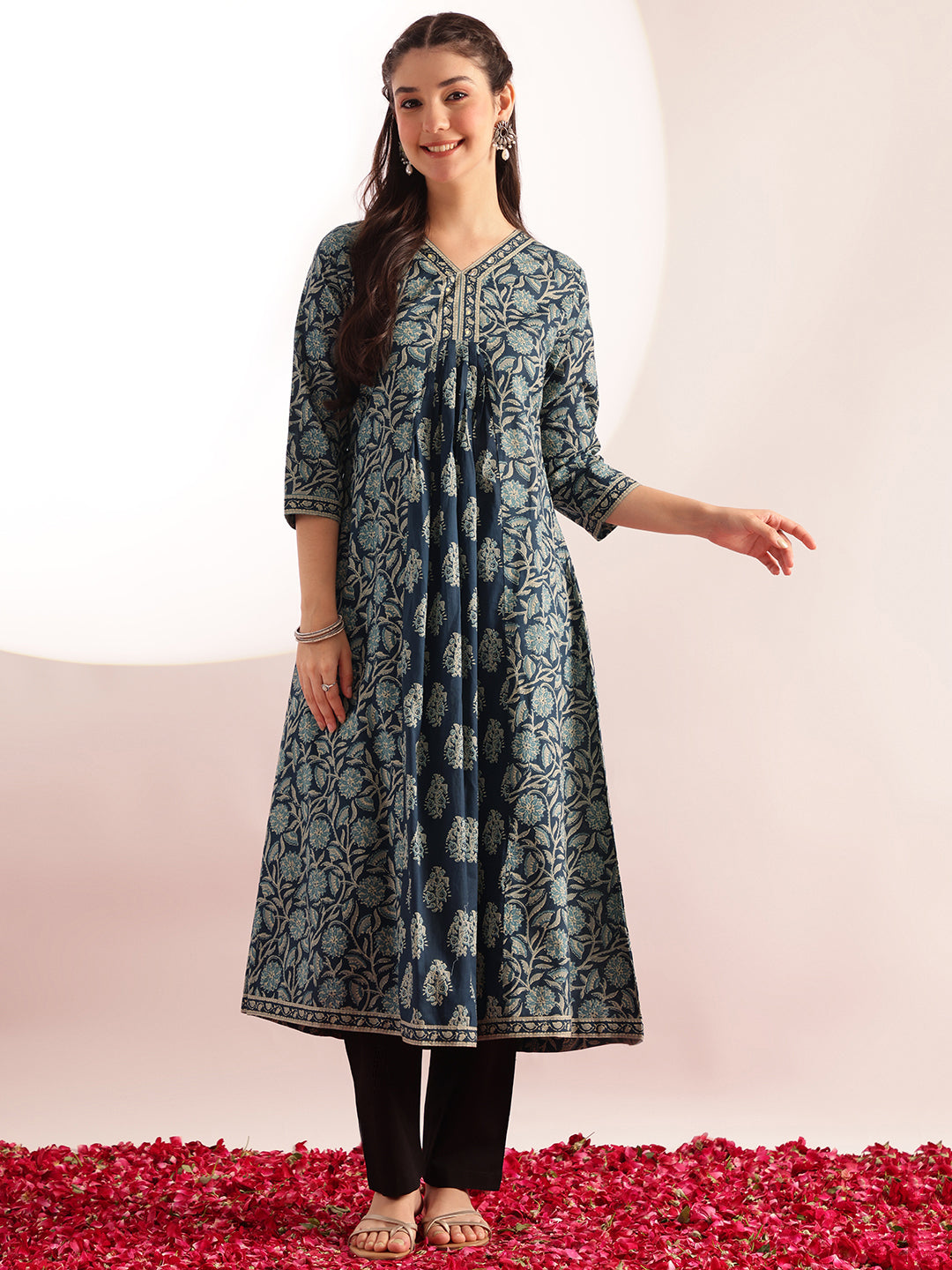 Aqua Blue Floral Printed A-Line Cotton Kurta