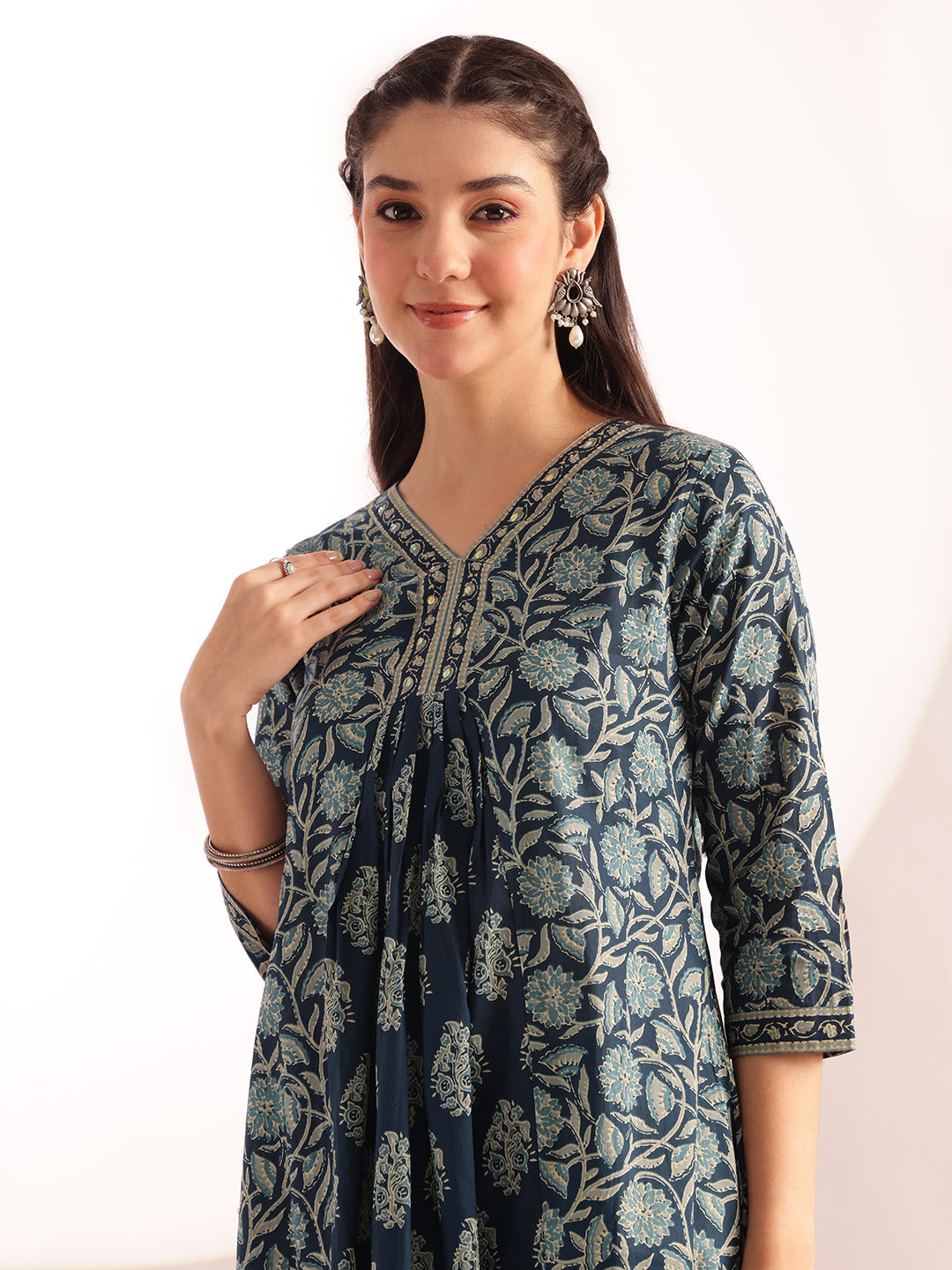 Aqua Blue Floral Printed A-Line Cotton Kurta