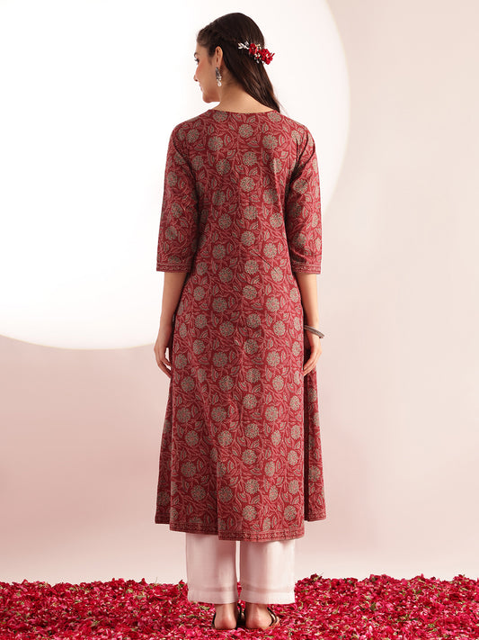 Maroon Floral Printed A-Line Cotton Kurta
