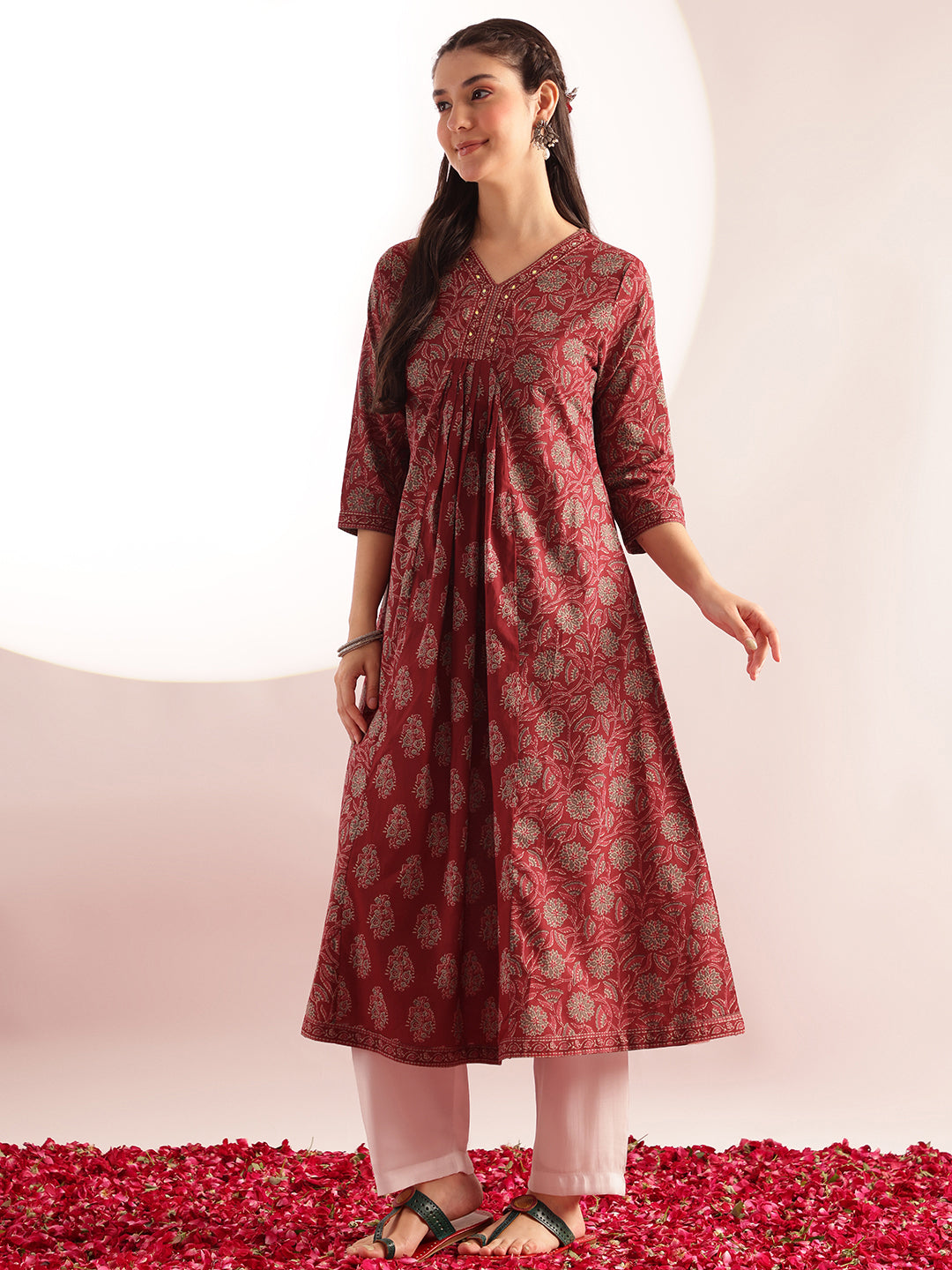 Maroon Floral Printed A-Line Cotton Kurta