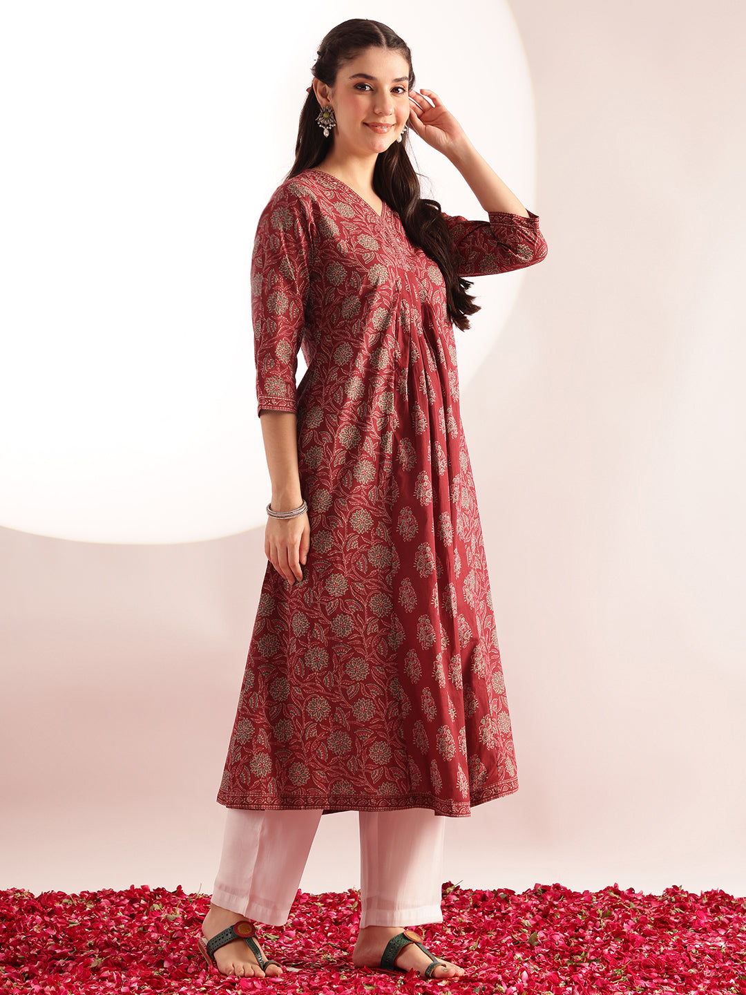 Maroon Floral Printed A-Line Cotton Kurta