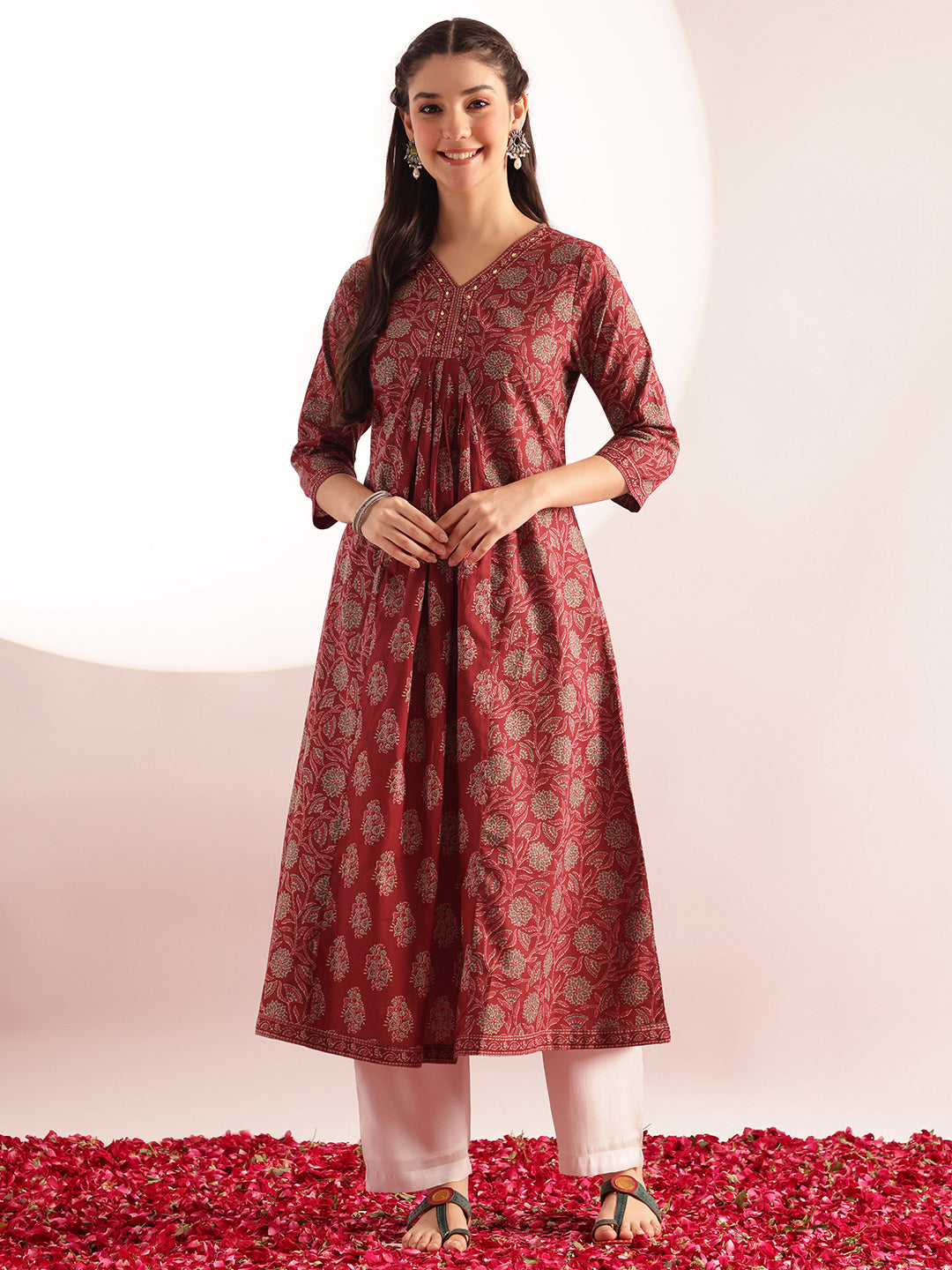 Maroon Floral Printed A-Line Cotton Kurta