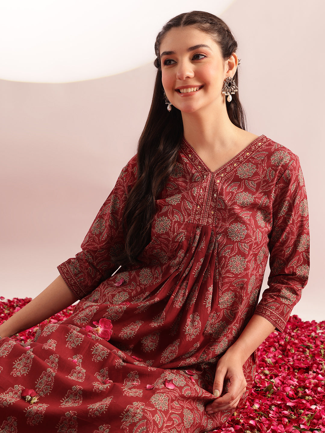Maroon Floral Printed A-Line Cotton Kurta