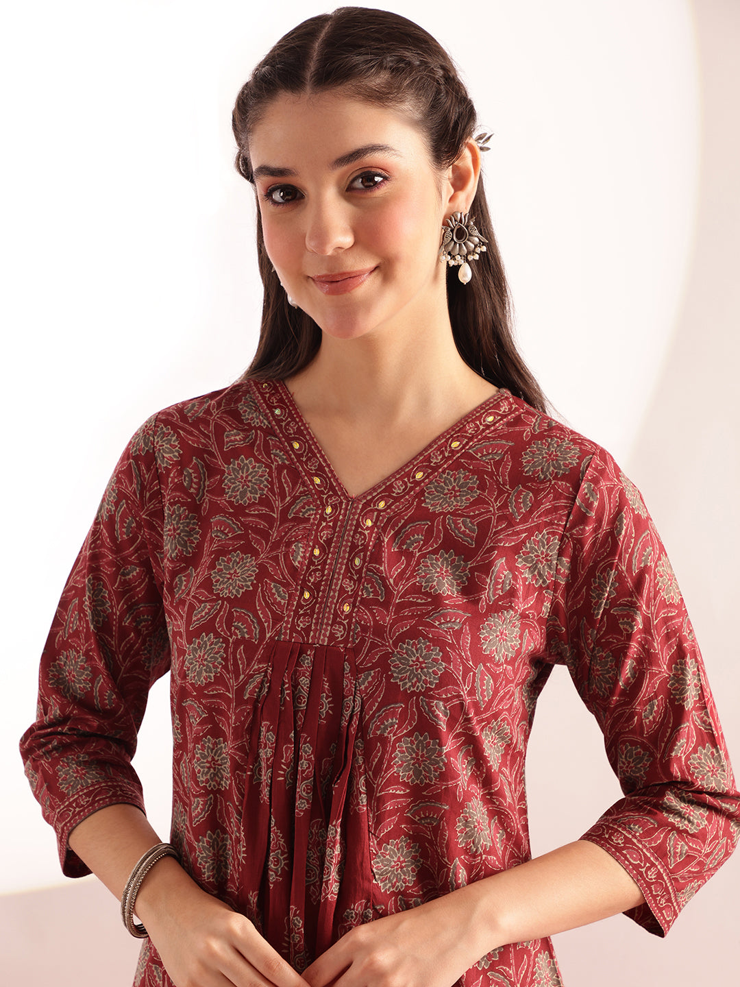 Maroon Floral Printed A-Line Cotton Kurta