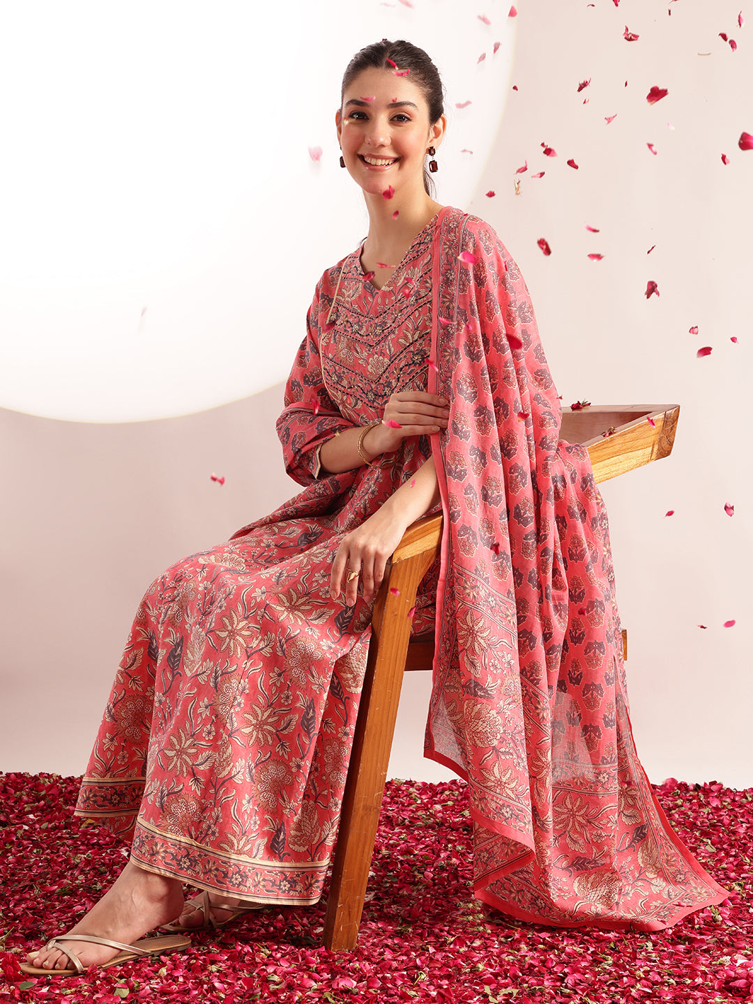 Pink Floral Printed Anarkali Cotton Stitched Kurta, Pant With Dupatta