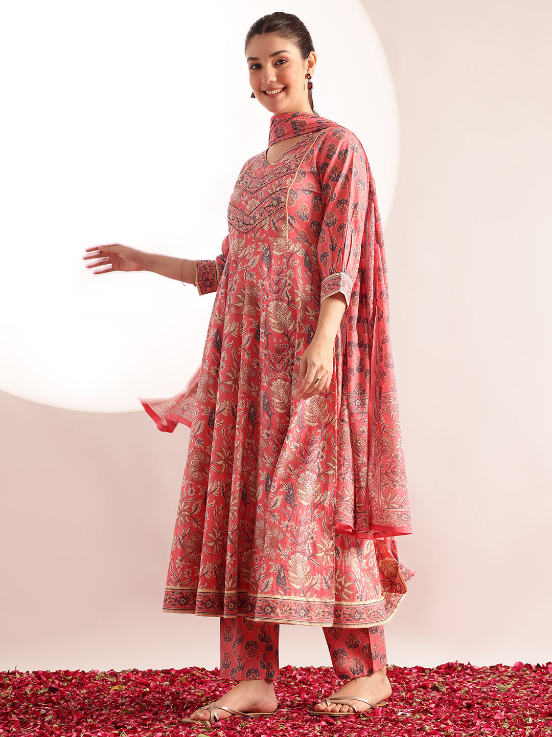 Pink Floral Printed Anarkali Cotton Stitched Kurta, Pant With Dupatta