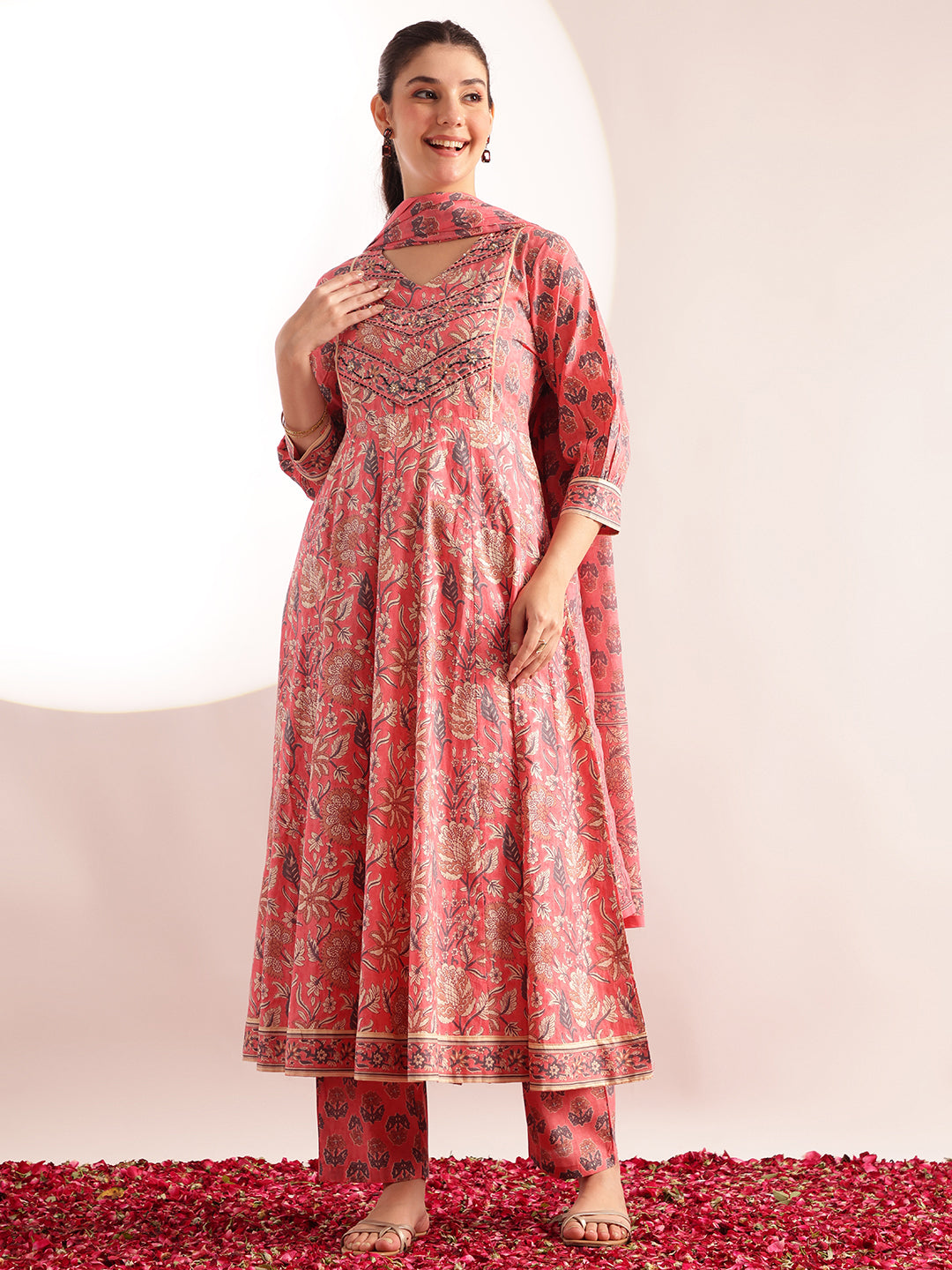 Pink Floral Printed Anarkali Cotton Stitched Kurta, Pant With Dupatta