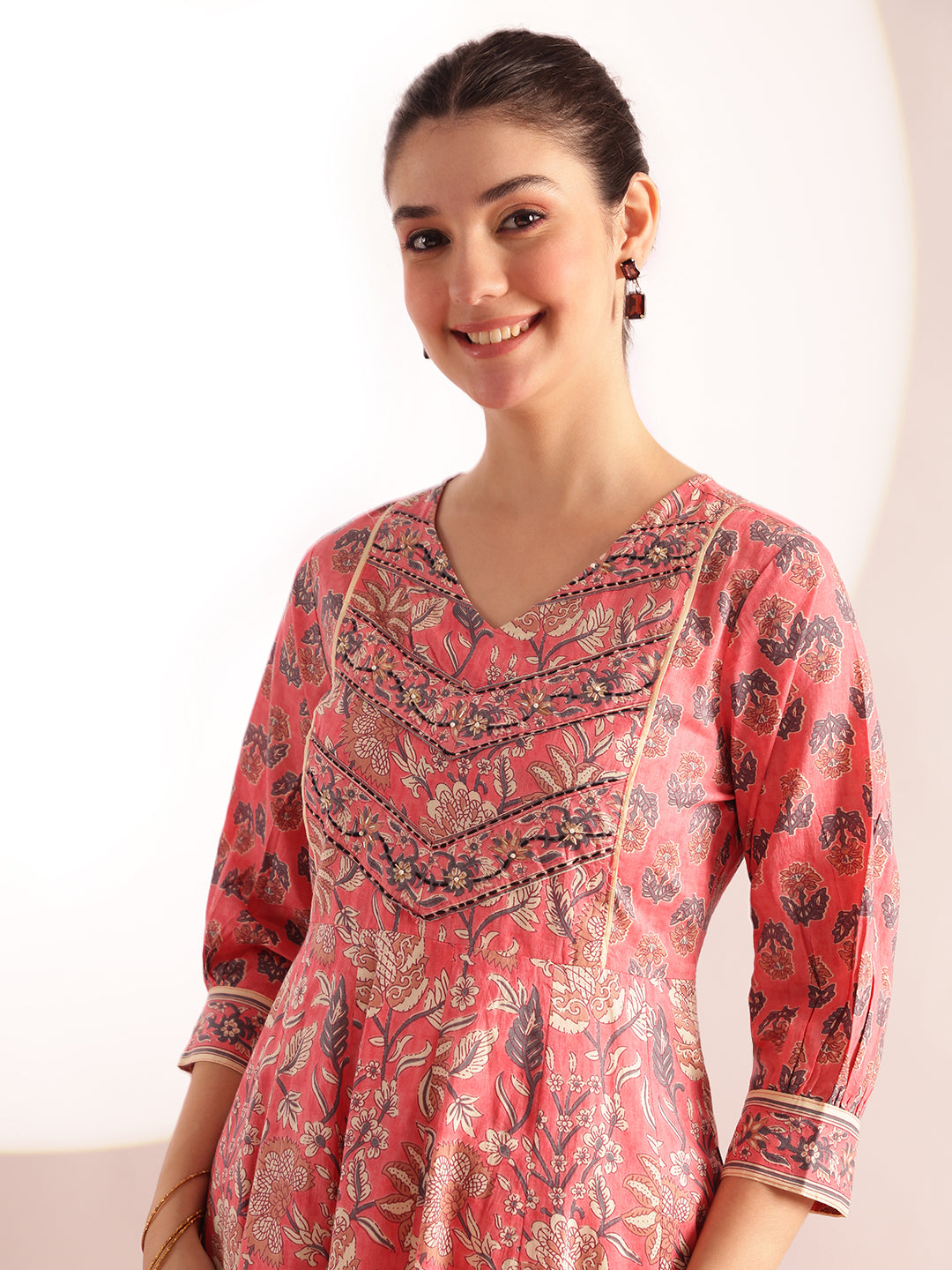 Pink Floral Printed Anarkali Cotton Stitched Kurta, Pant With Dupatta