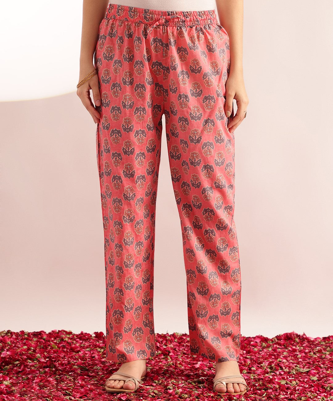 Pink Floral Printed Anarkali Cotton Stitched Kurta, Pant With Dupatta