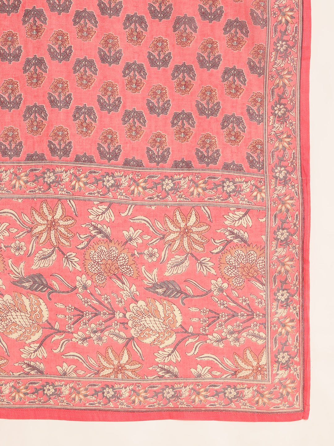 Pink Floral Printed Anarkali Cotton Stitched Kurta, Pant With Dupatta