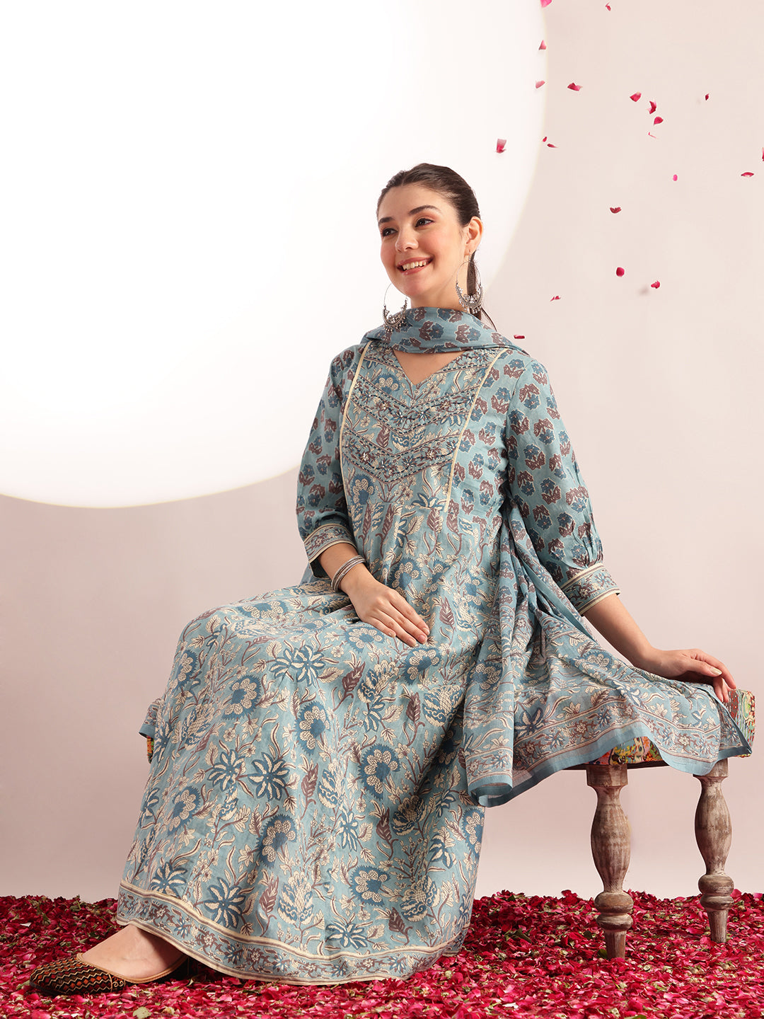 Sky Blue Floral Printed Anarkali Cotton Kurta, Pant With Dupatta