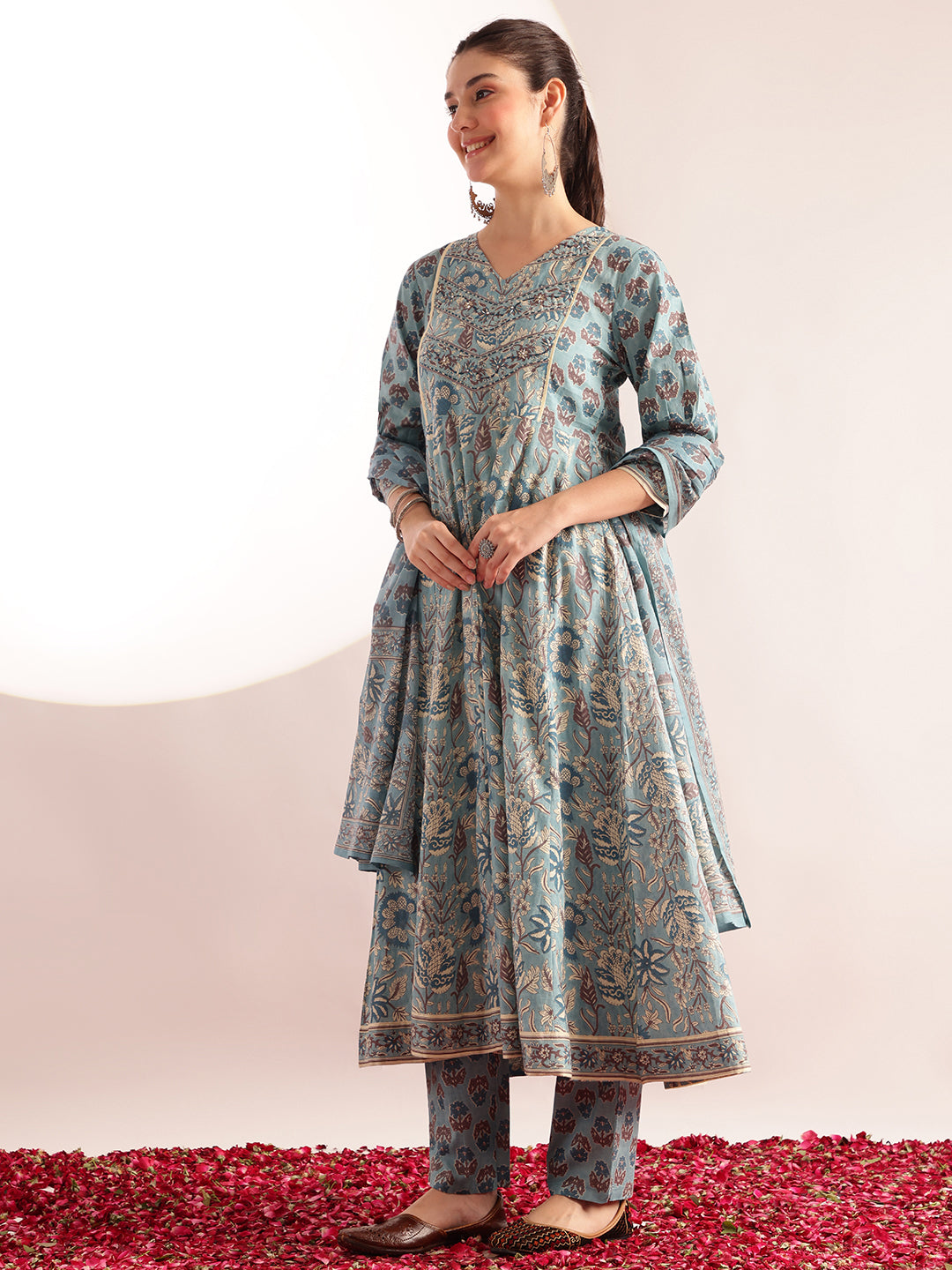 Sky Blue Floral Printed Anarkali Cotton Kurta, Pant With Dupatta