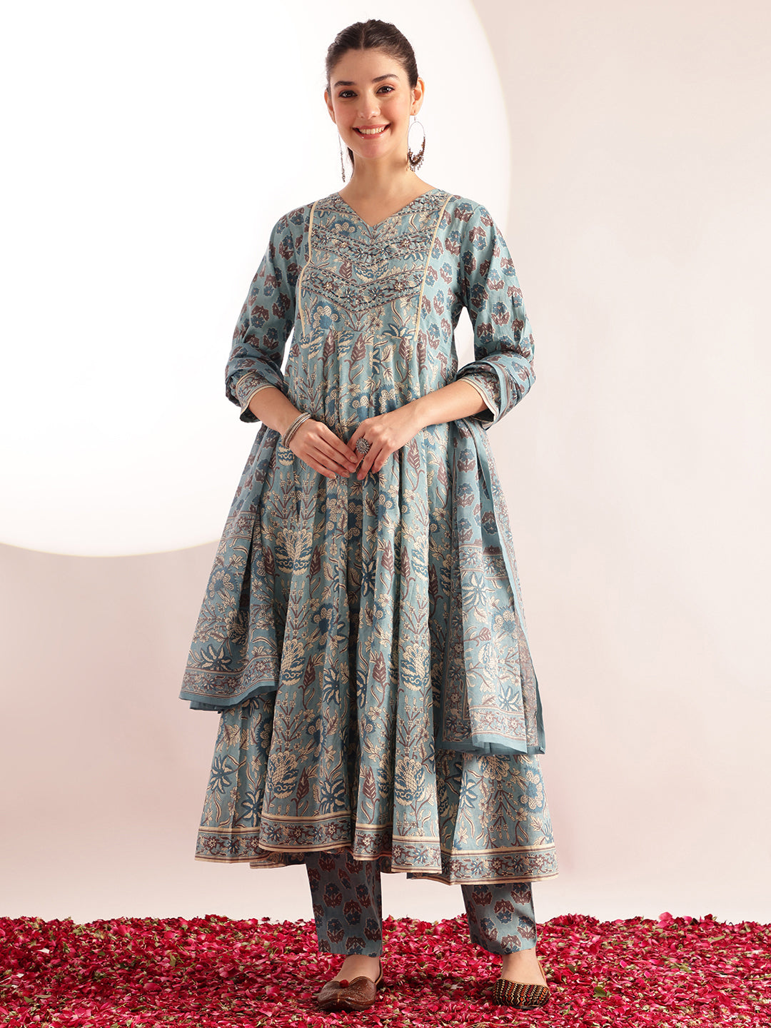 Sky Blue Floral Printed Anarkali Cotton Kurta, Pant With Dupatta